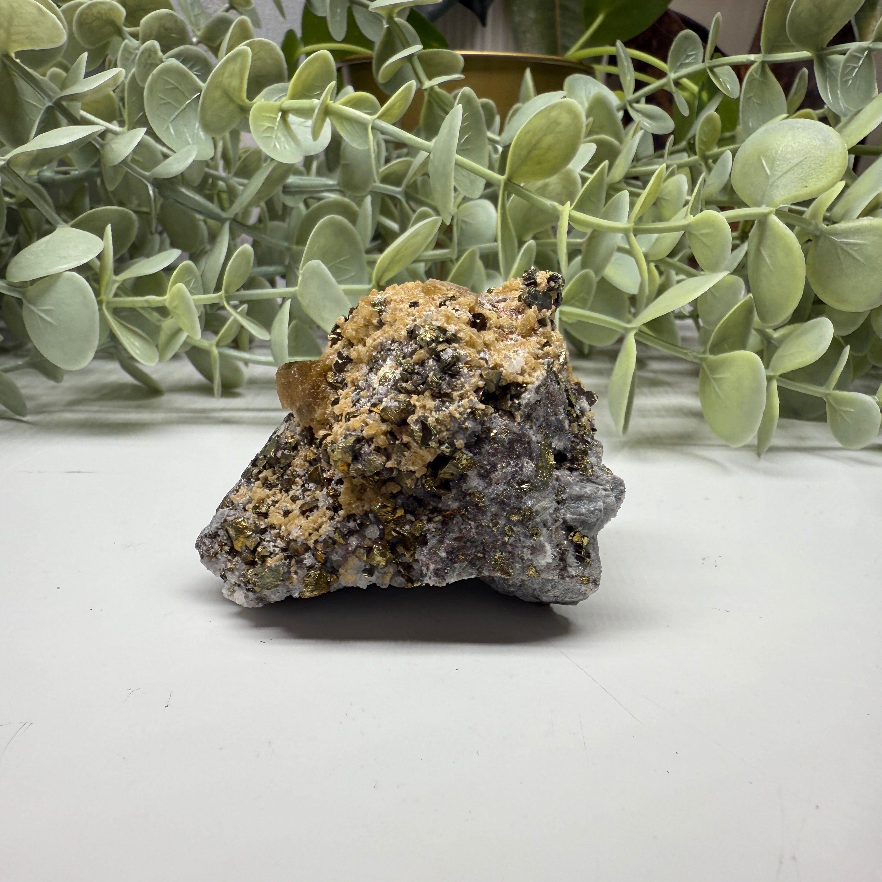 Golden Andronite Garnet nestled in Pyrite Matrix with Calcite from Peru