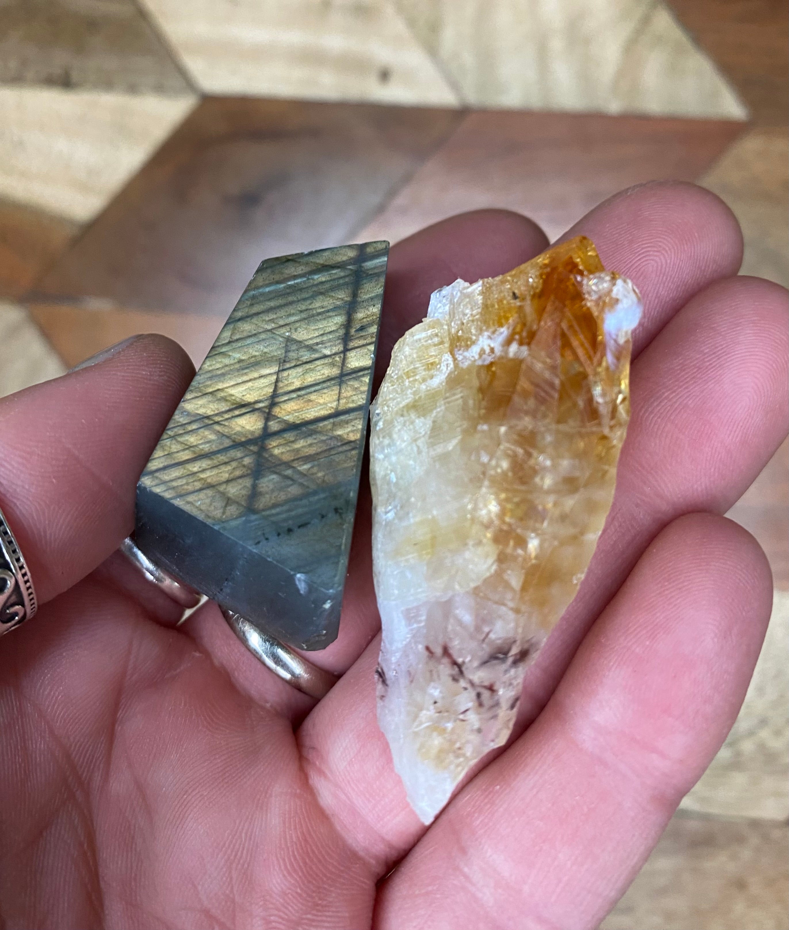 Polished Dreamy Yellow Labradorite and Golden Citrine Point - Crystal Set of Two