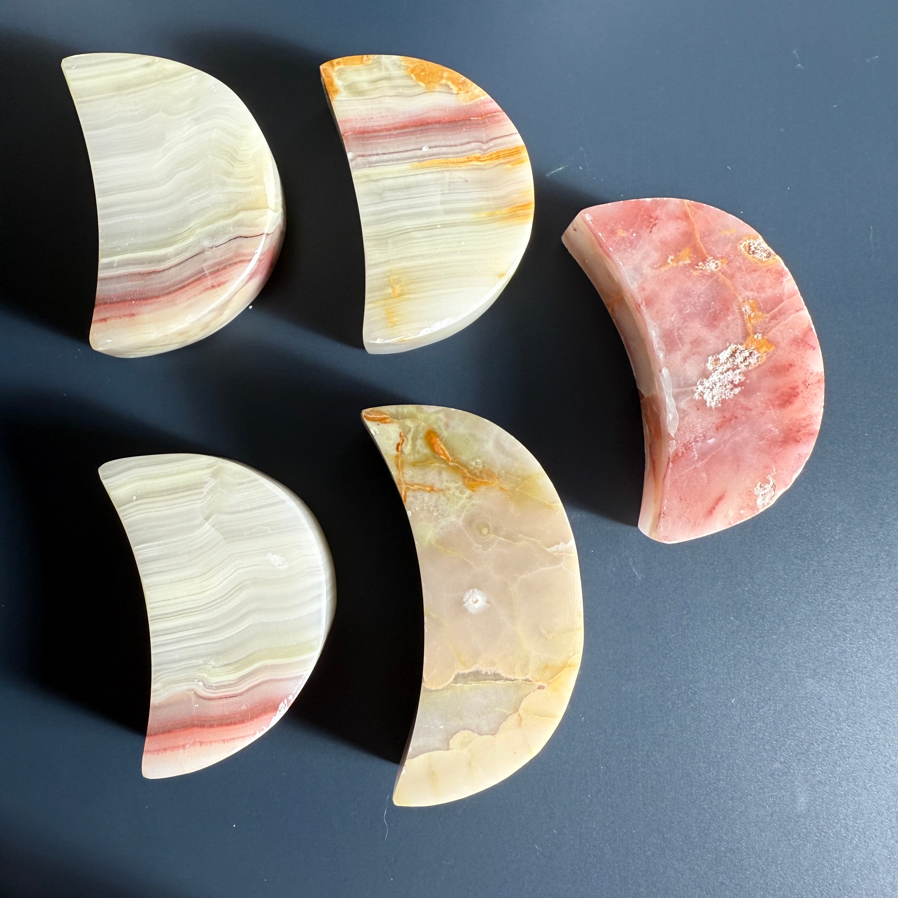 Pink and Green Banded Onyx Moon Carvings