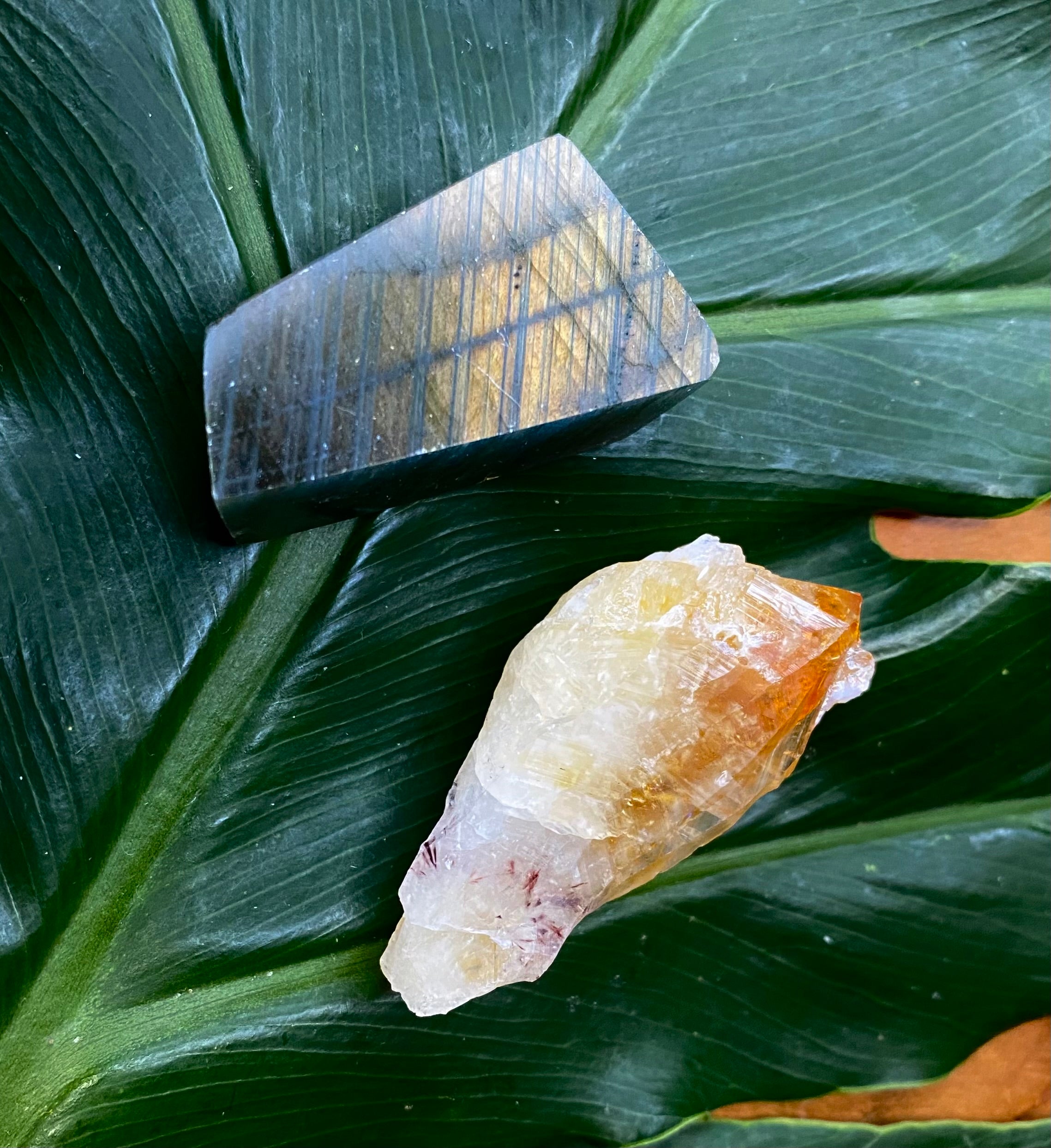 Polished Dreamy Yellow Labradorite and Golden Citrine Point - Crystal Set of Two