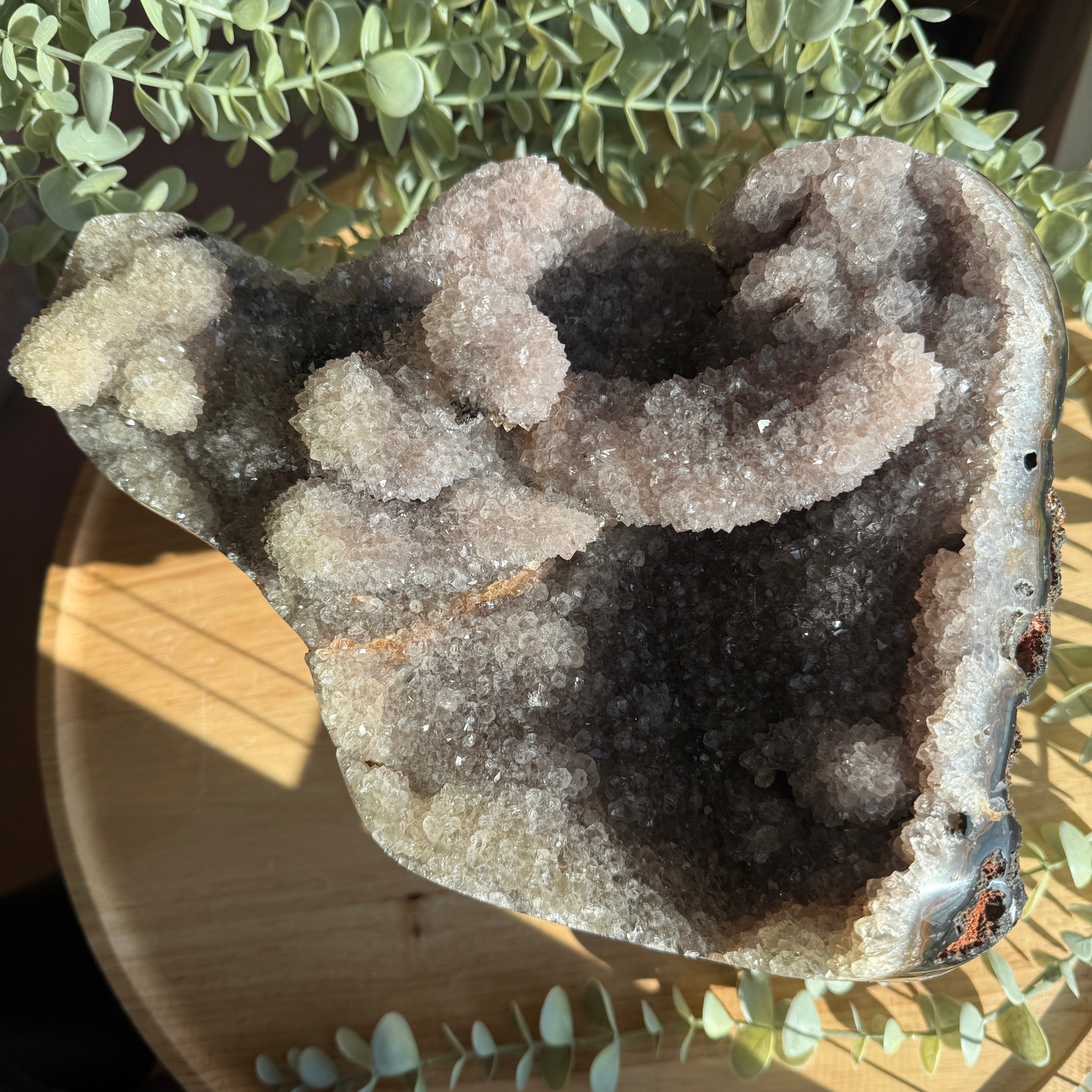 Partially Polished Agate Druzy Crystal from Brazil Display Specimen with Unique Formations - Wooden Stand Included