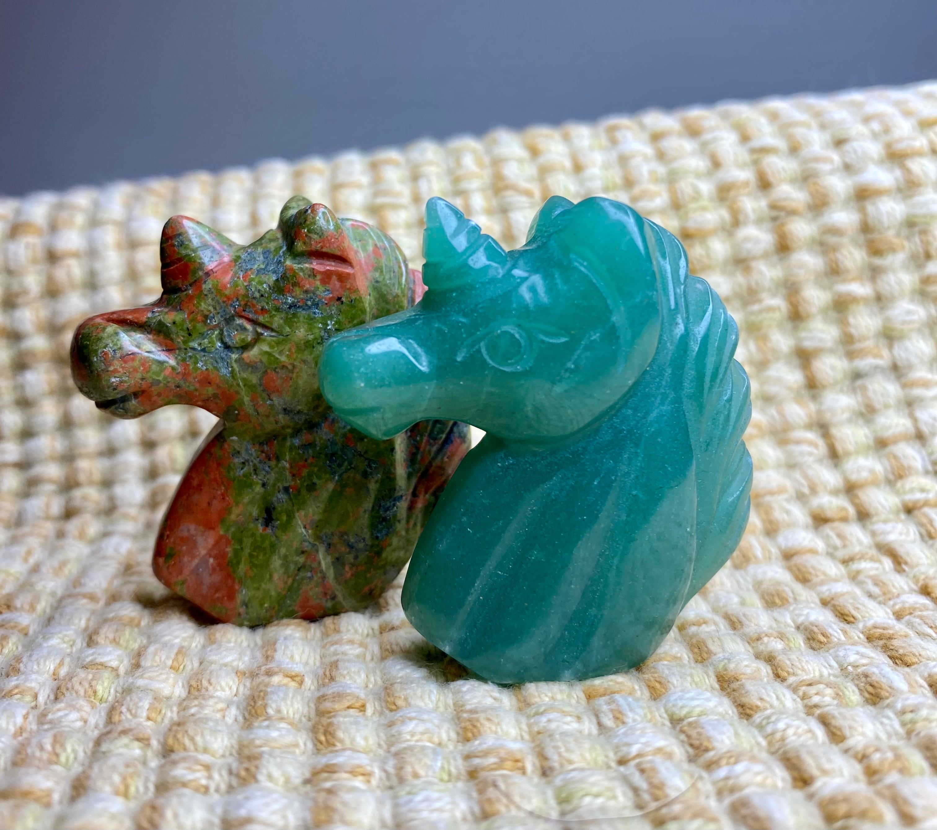 Unicorn Carving Gemstone Set - Green Aventurine and Unakite Crystals for Heart Healing