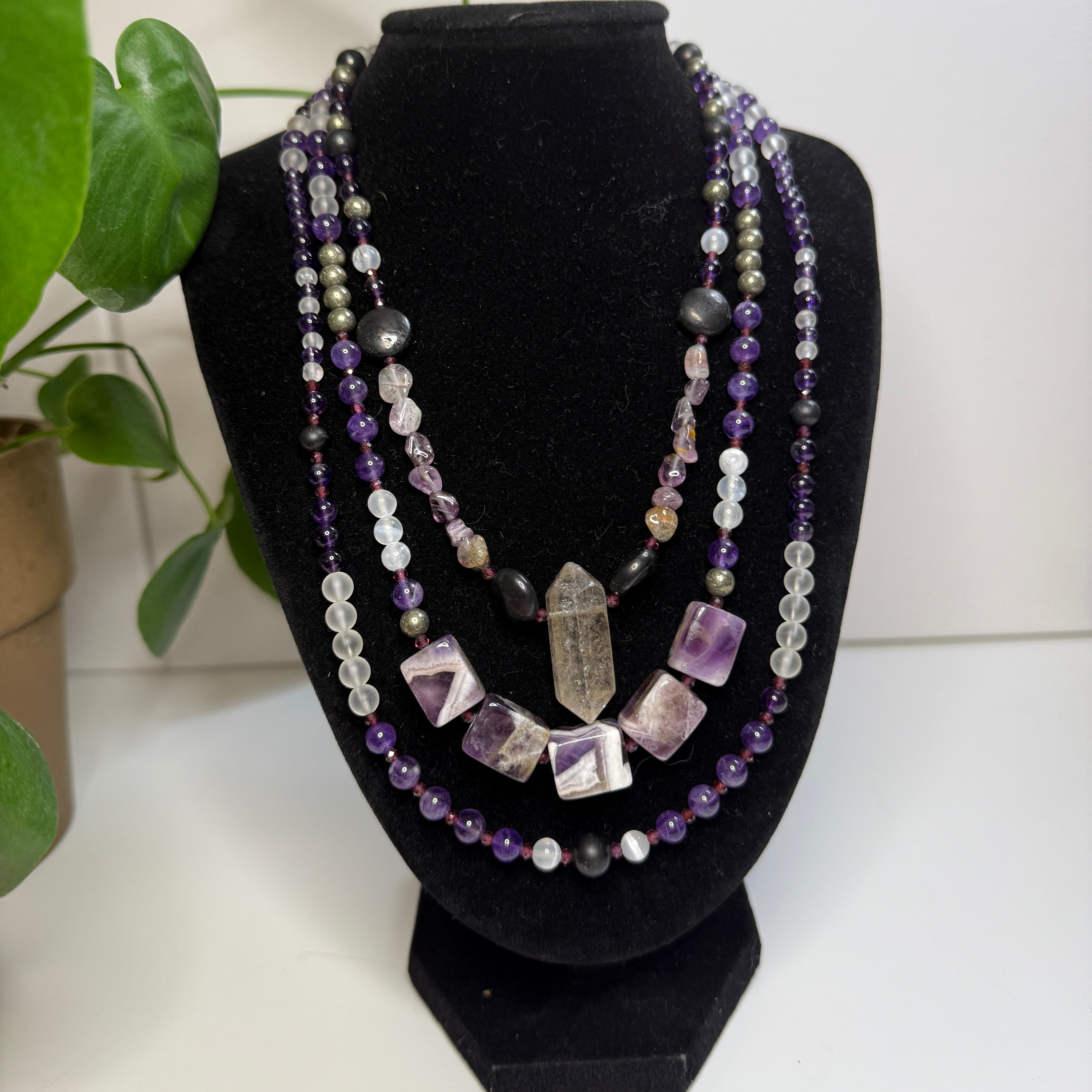Goddess Energy Handmade Amethyst Gemstone Necklace with Phantom Quartz, Shungite, Pyrite and Red Garnet