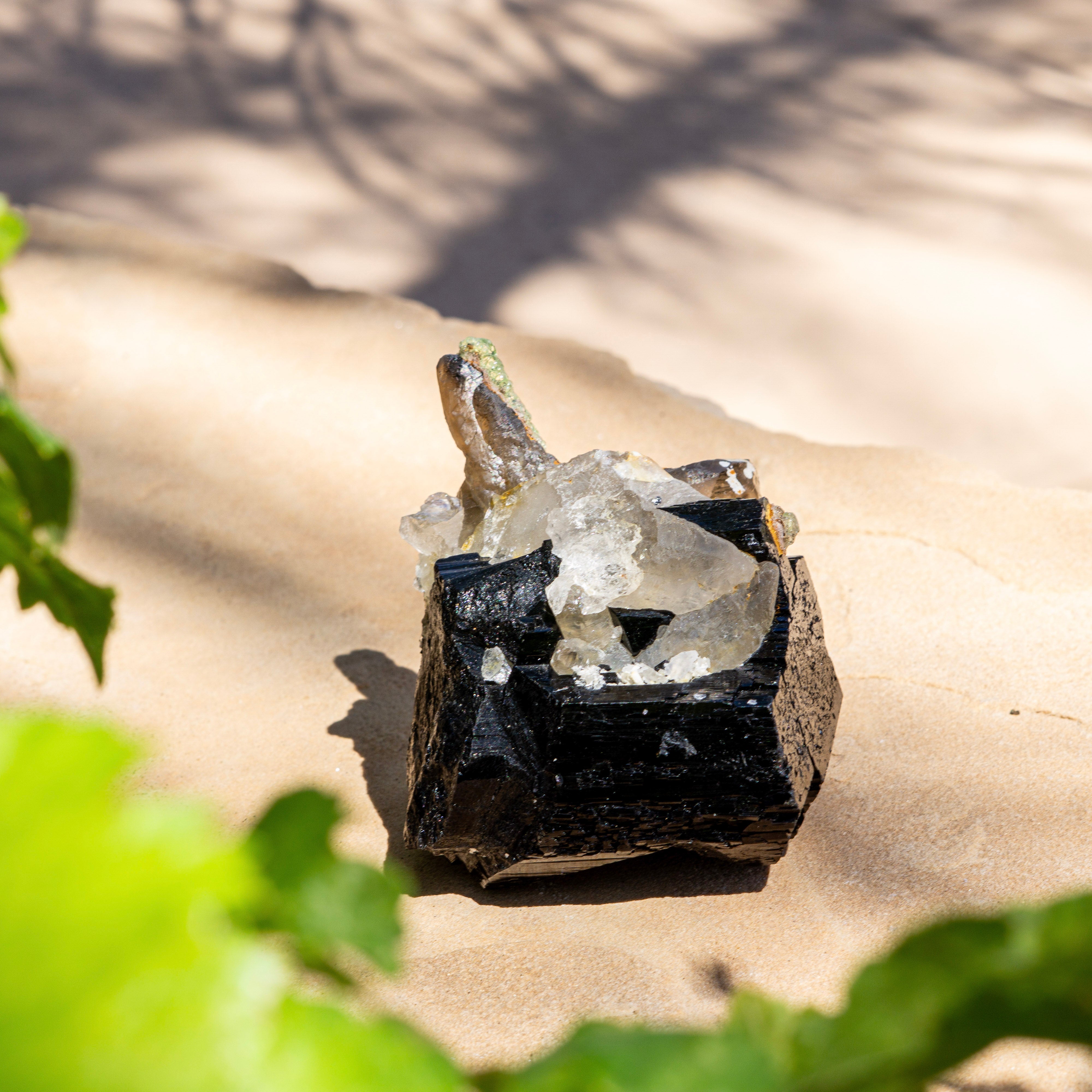 Naturally Terminated Black Tourmaline with Hyalite Opal & Smoky Quartz – Erongo Mountain, Namibia