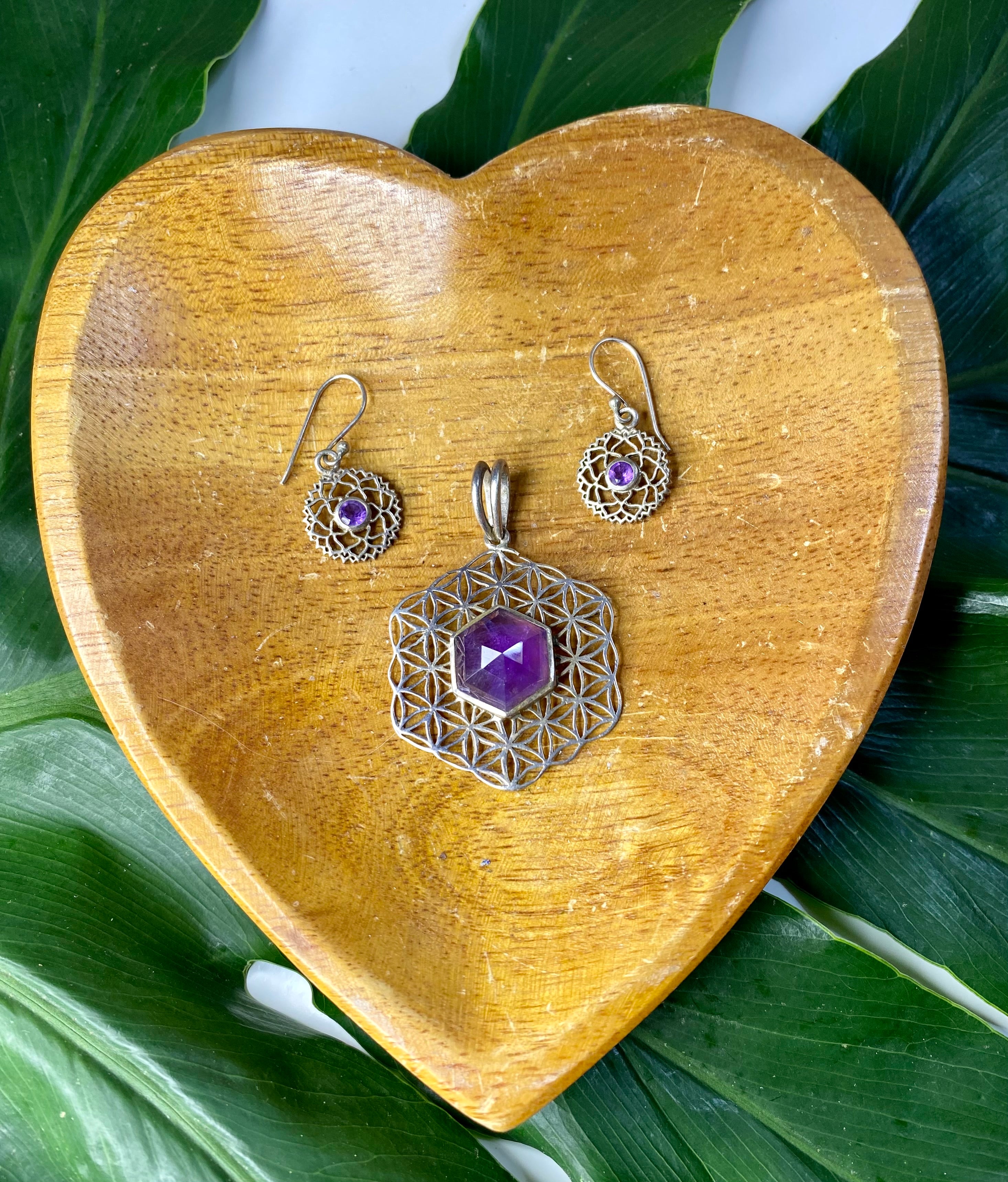 Flower of Life Amethyst Pendant Necklace and Earring Set - Silver Chain Included