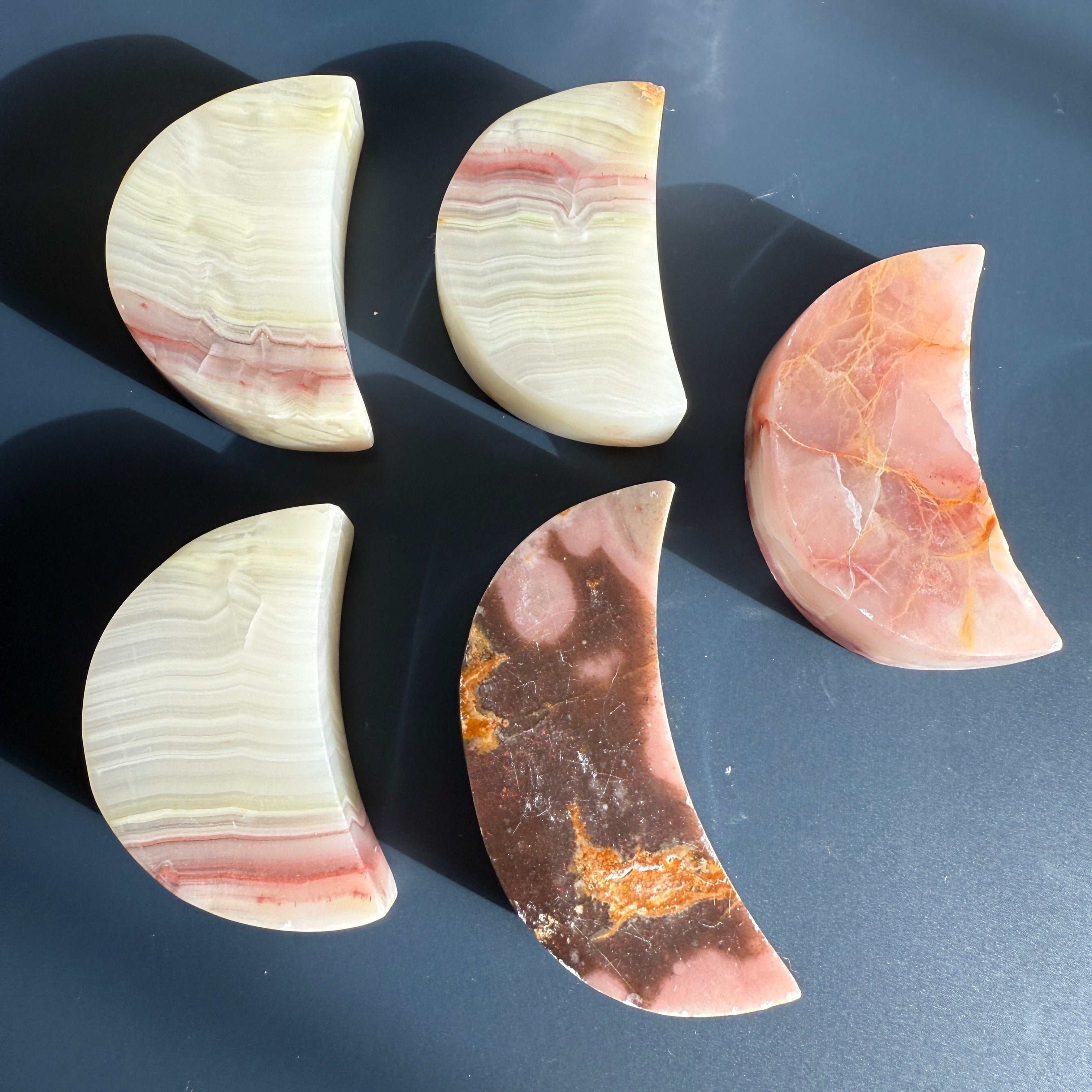 Pink and Green Banded Onyx Moon Carvings