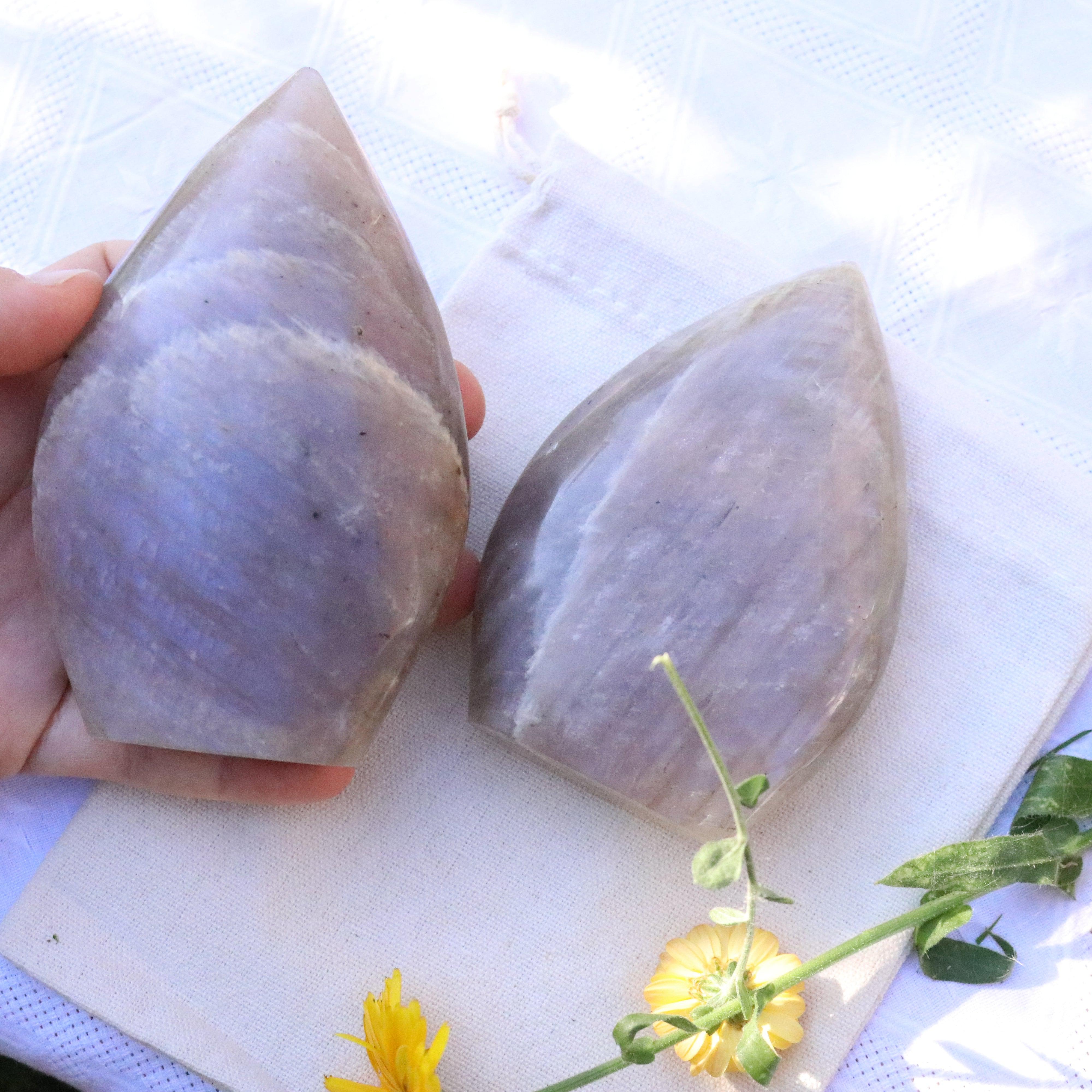 Blue Moonstone Raindrop Carvings ~ Incredible Blue Flash - Earth Family Crystals