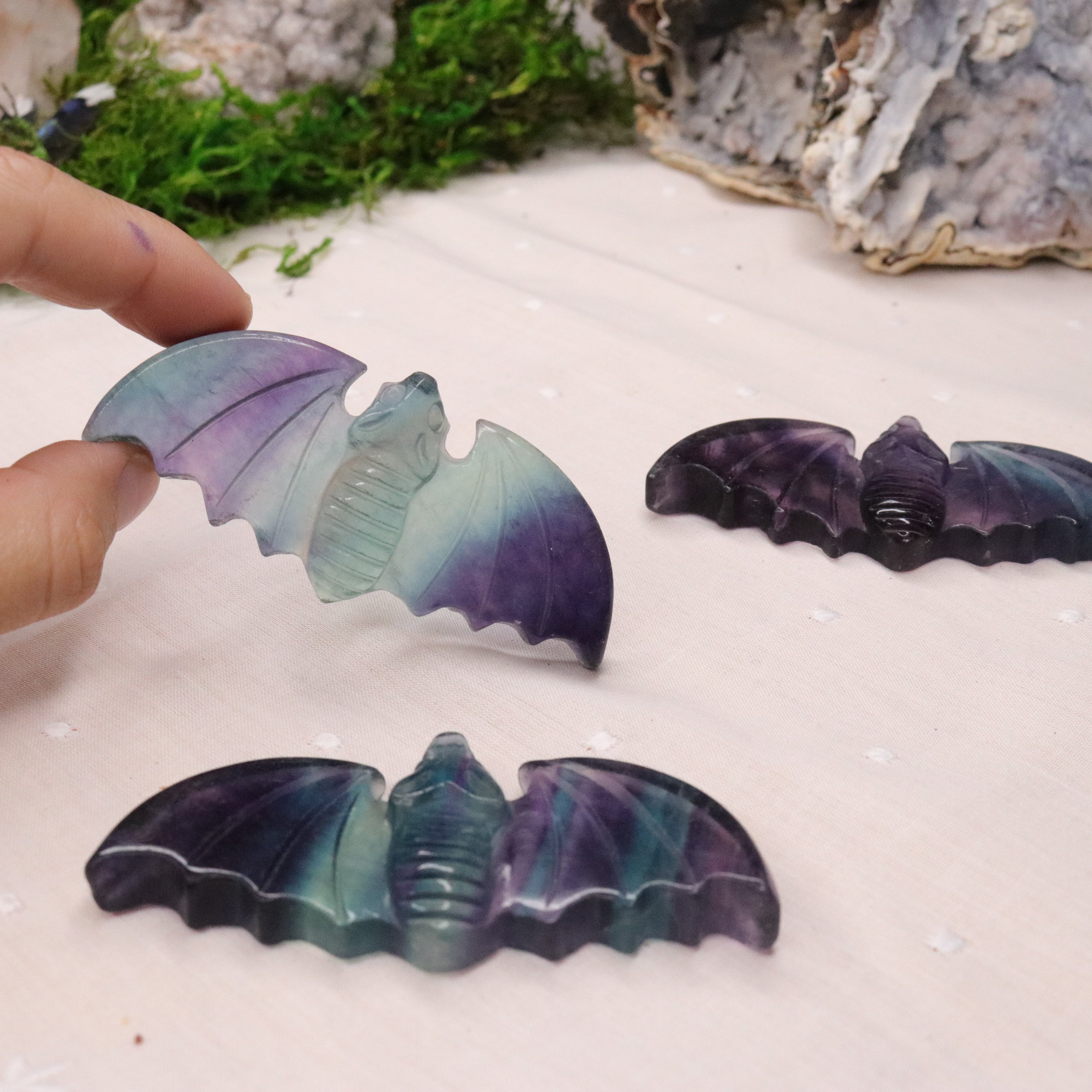 Rainbow Fluorite Bat Carvings ~ Vibrant Multicolor Banding - Earth Family Crystals