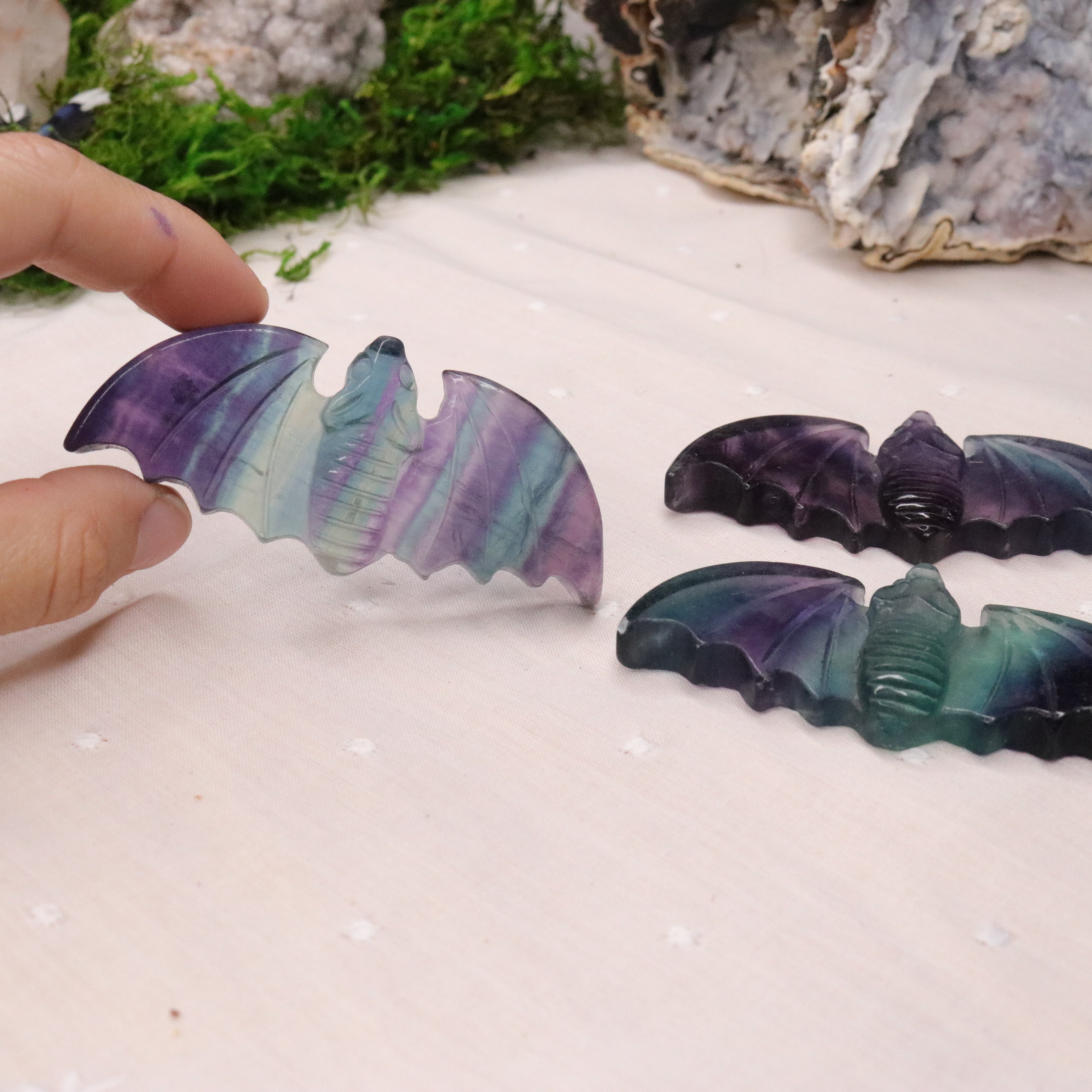 Rainbow Fluorite Bat Carvings ~ Vibrant Multicolor Banding - Earth Family Crystals