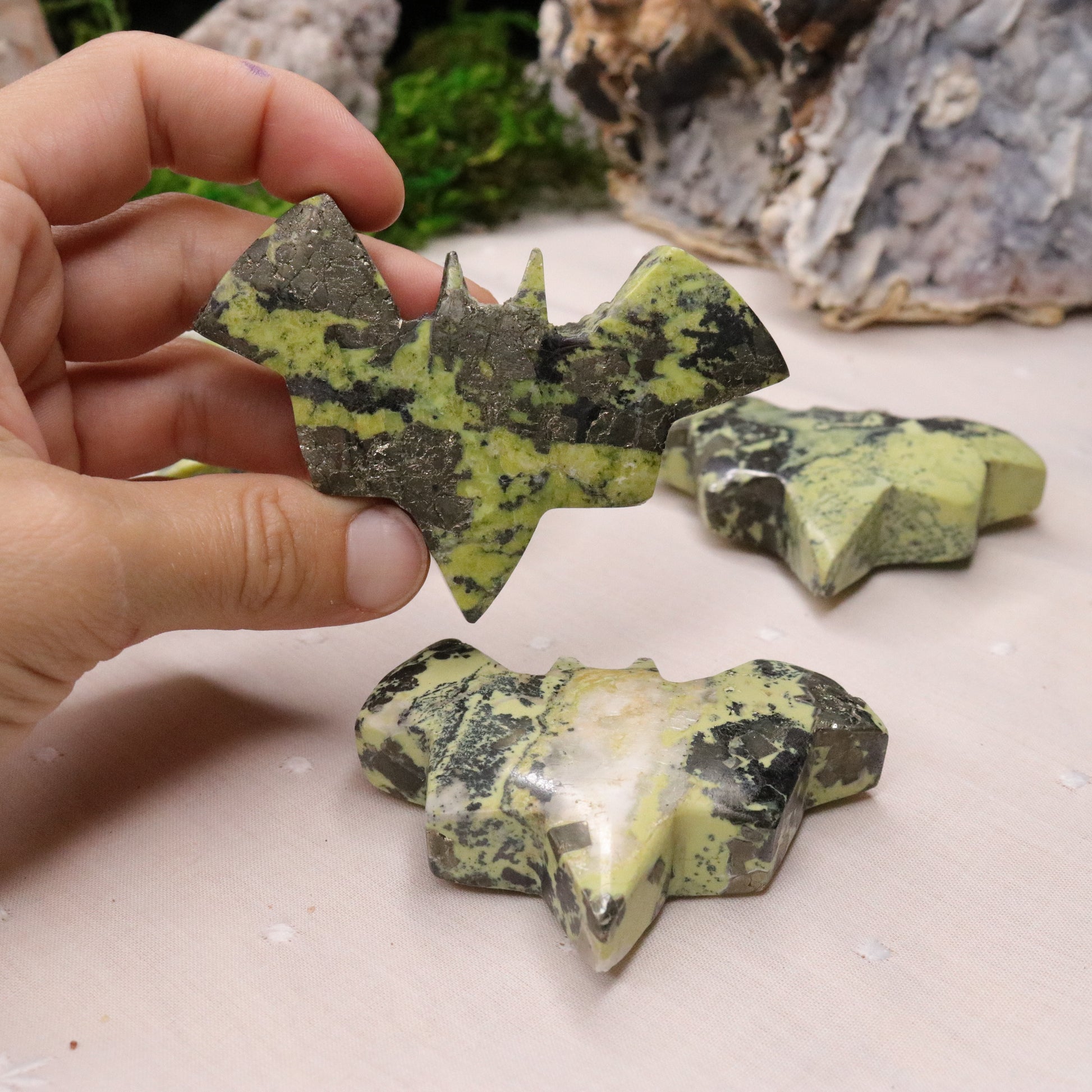 Green Serpentine and Pyrite Bat Carvings from Peru - Earth Family Crystals