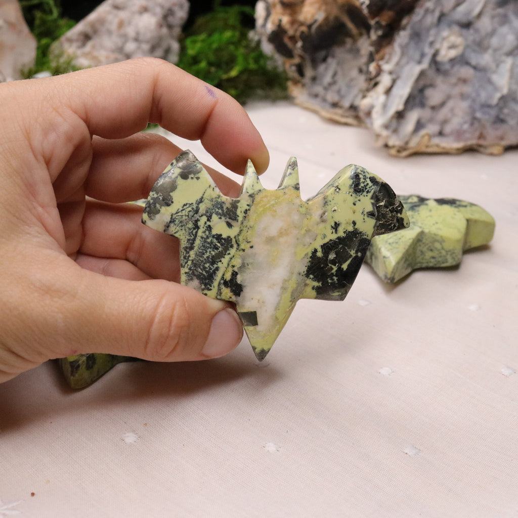Green Serpentine and Pyrite Bat Carvings from Peru - Earth Family Crystals
