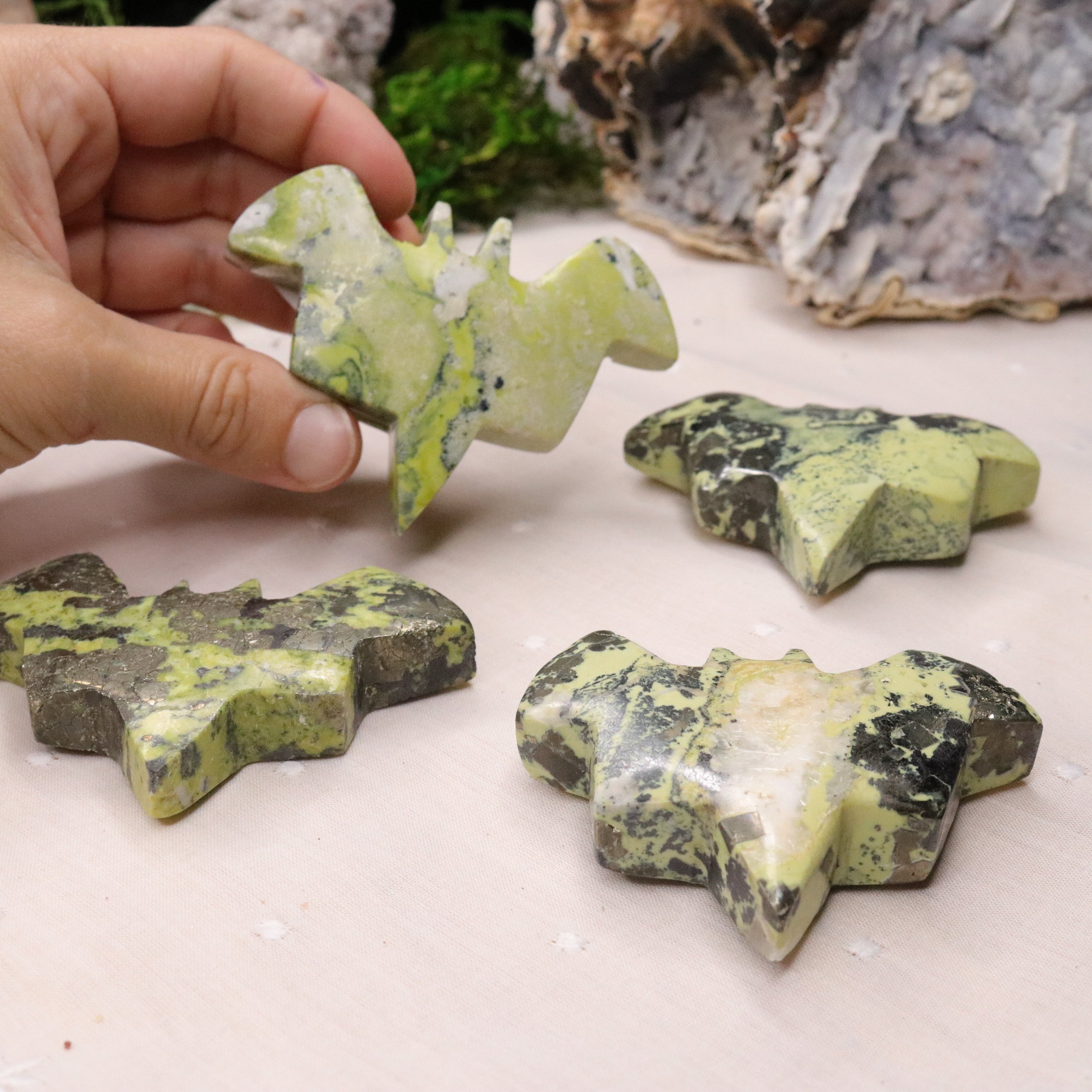 Green Serpentine and Pyrite Bat Carvings from Peru - Earth Family Crystals