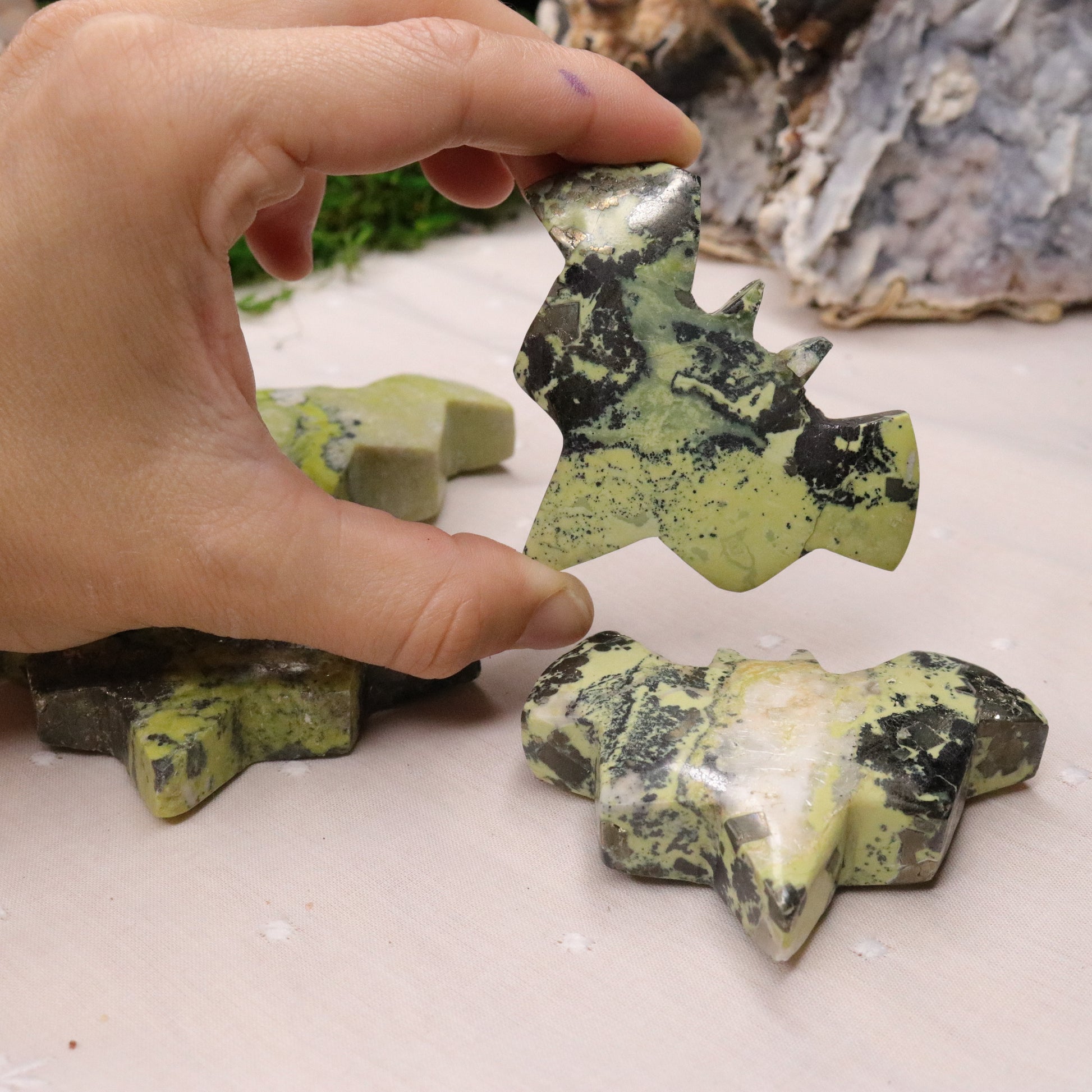 Green Serpentine and Pyrite Bat Carvings from Peru - Earth Family Crystals