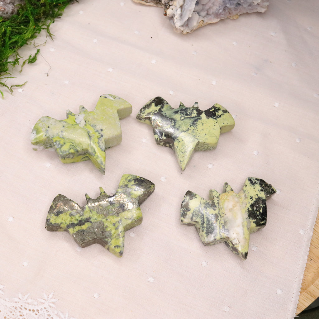 Green Serpentine and Pyrite Bat Carvings from Peru - Earth Family Crystals