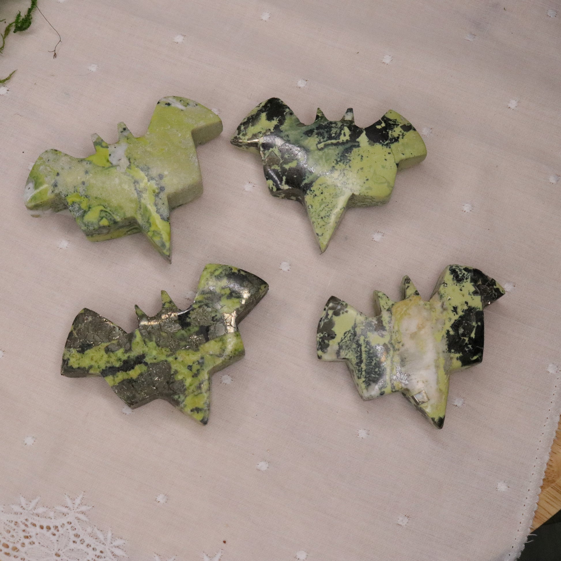 Green Serpentine and Pyrite Bat Carvings from Peru - Earth Family Crystals