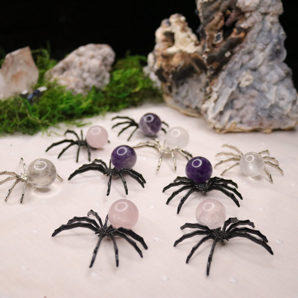 Rose Quartz, Amethyst or Quartz Sphere Spider Trinket ~ Spooky and Fun - Earth Family Crystals