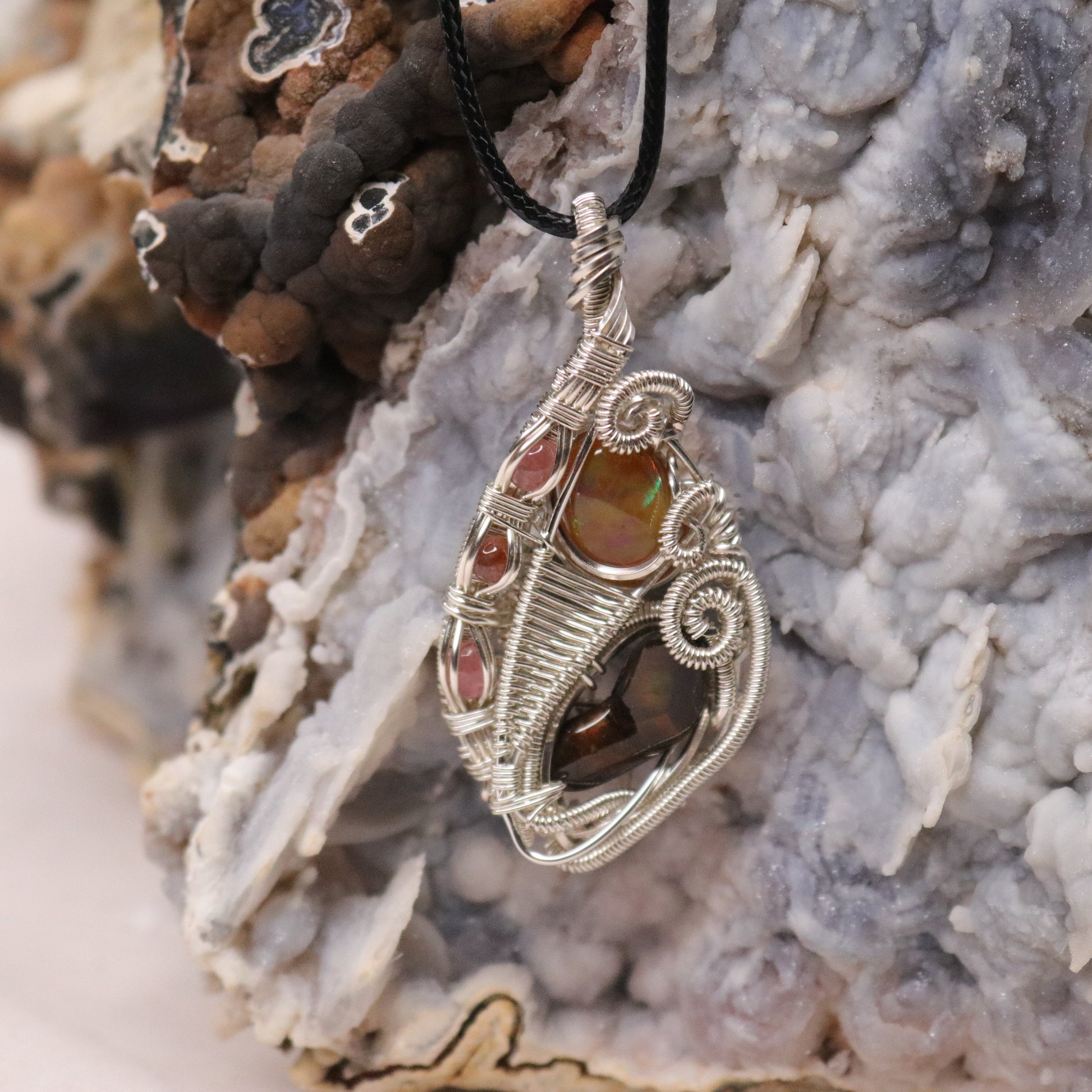 Fire Agate with Opal Pendant ~ Hand Made Wire Wrapped Pendant with Watermelon Tourmaline - Earth Family Crystals
