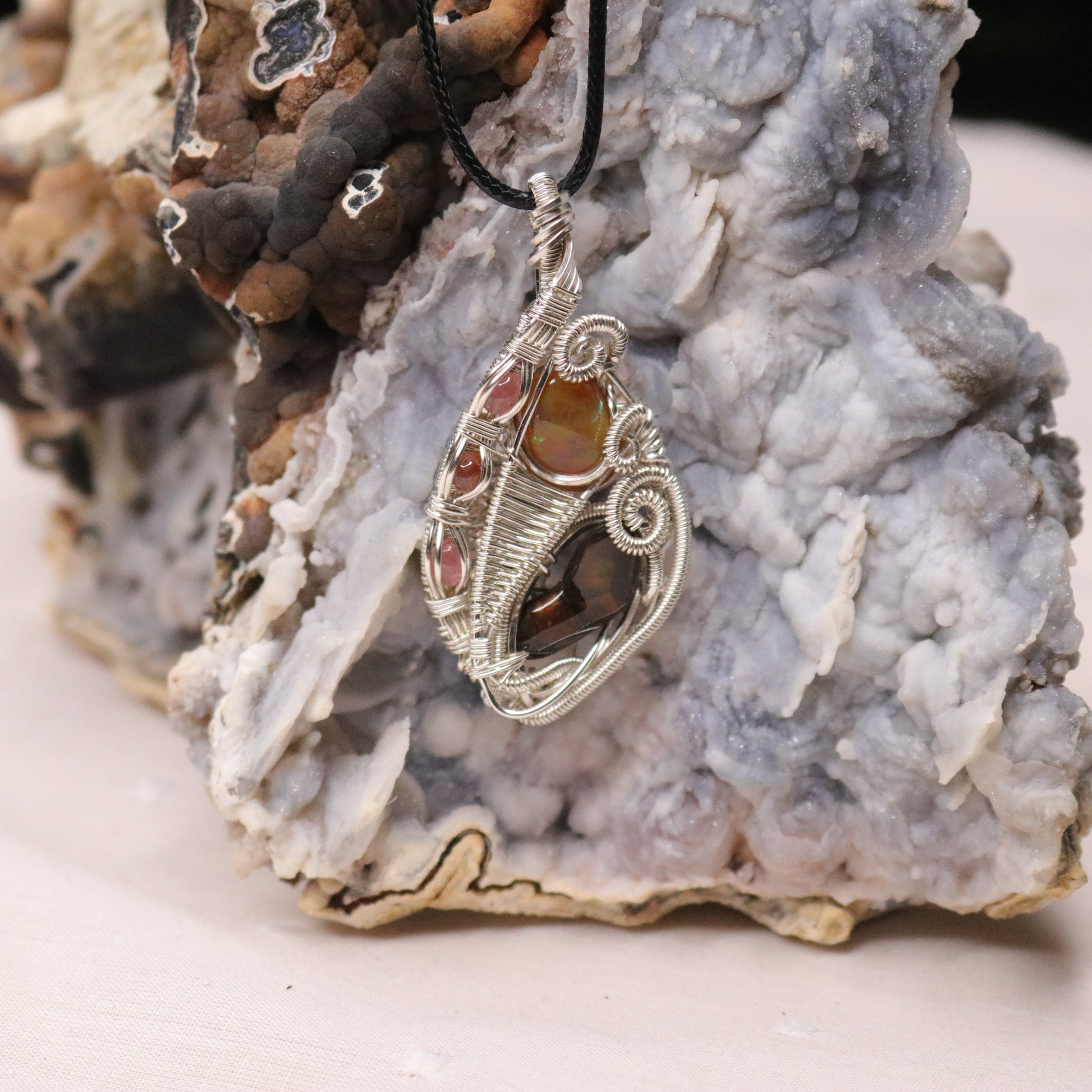 Fire Agate with Opal Pendant ~ Hand Made Wire Wrapped Pendant with Watermelon Tourmaline - Earth Family Crystals