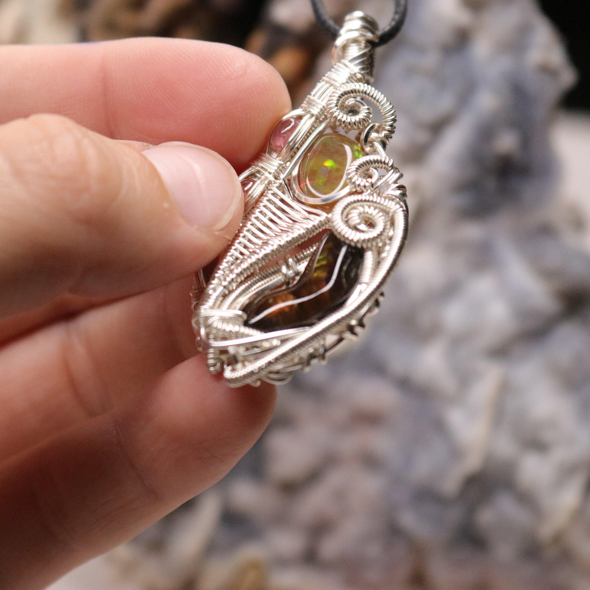 Fire Agate with Opal Pendant ~ Hand Made Wire Wrapped Pendant with Watermelon Tourmaline - Earth Family Crystals
