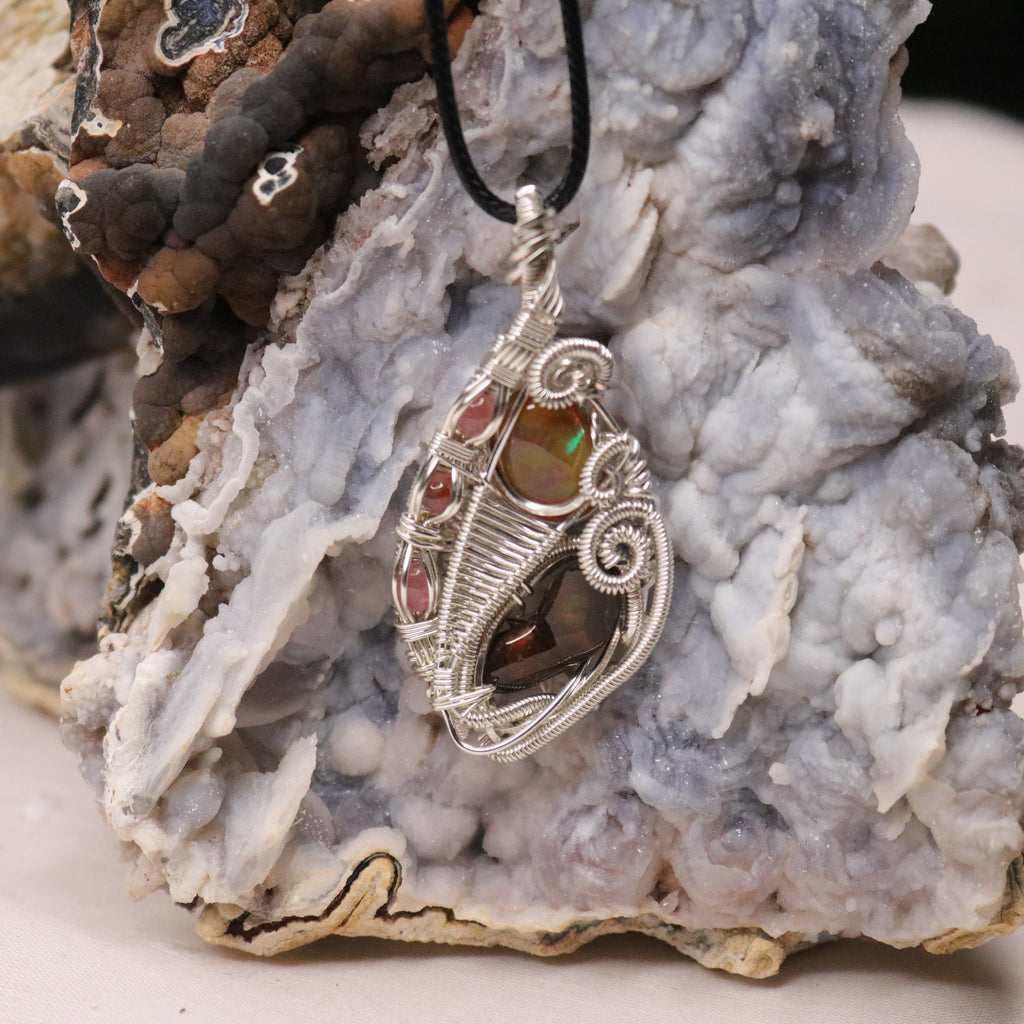 Fire Agate with Opal Pendant ~ Hand Made Wire Wrapped Pendant with Watermelon Tourmaline - Earth Family Crystals