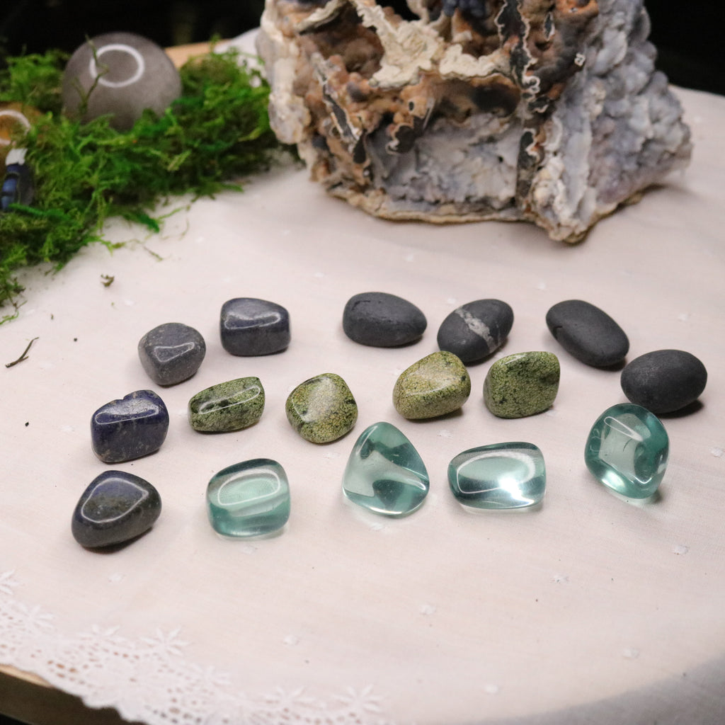 16 Pieces Tumbled Crystal Set ~ Dumortierite, Asterite Serpentine, Shungite and Aqua Blue Obsidian ~ - Earth Family Crystals