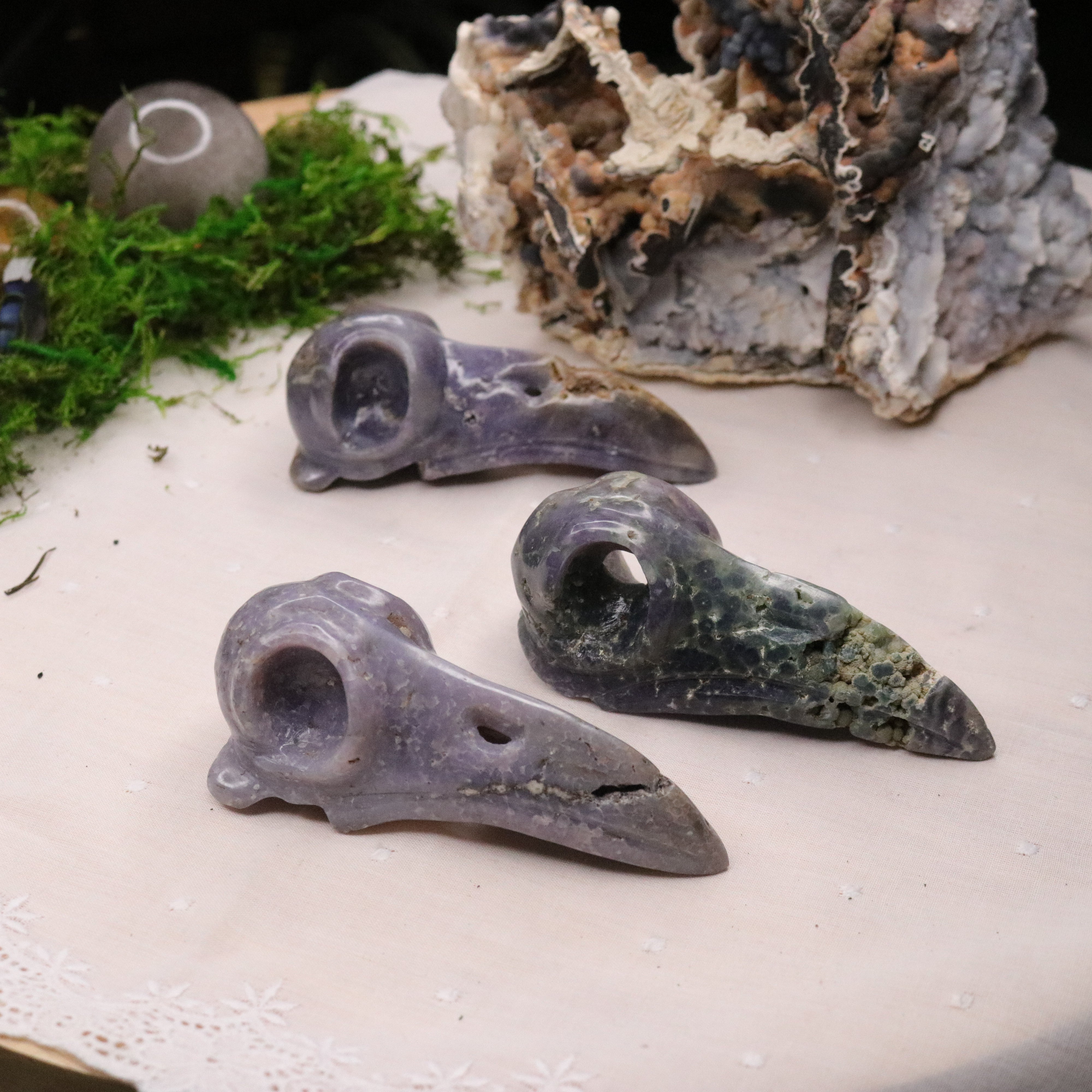 Raven Skull ~ Carved from Grape Agate ~ Spooky Carvings for Mystical Altar ~ Indonesia - Earth Family Crystals