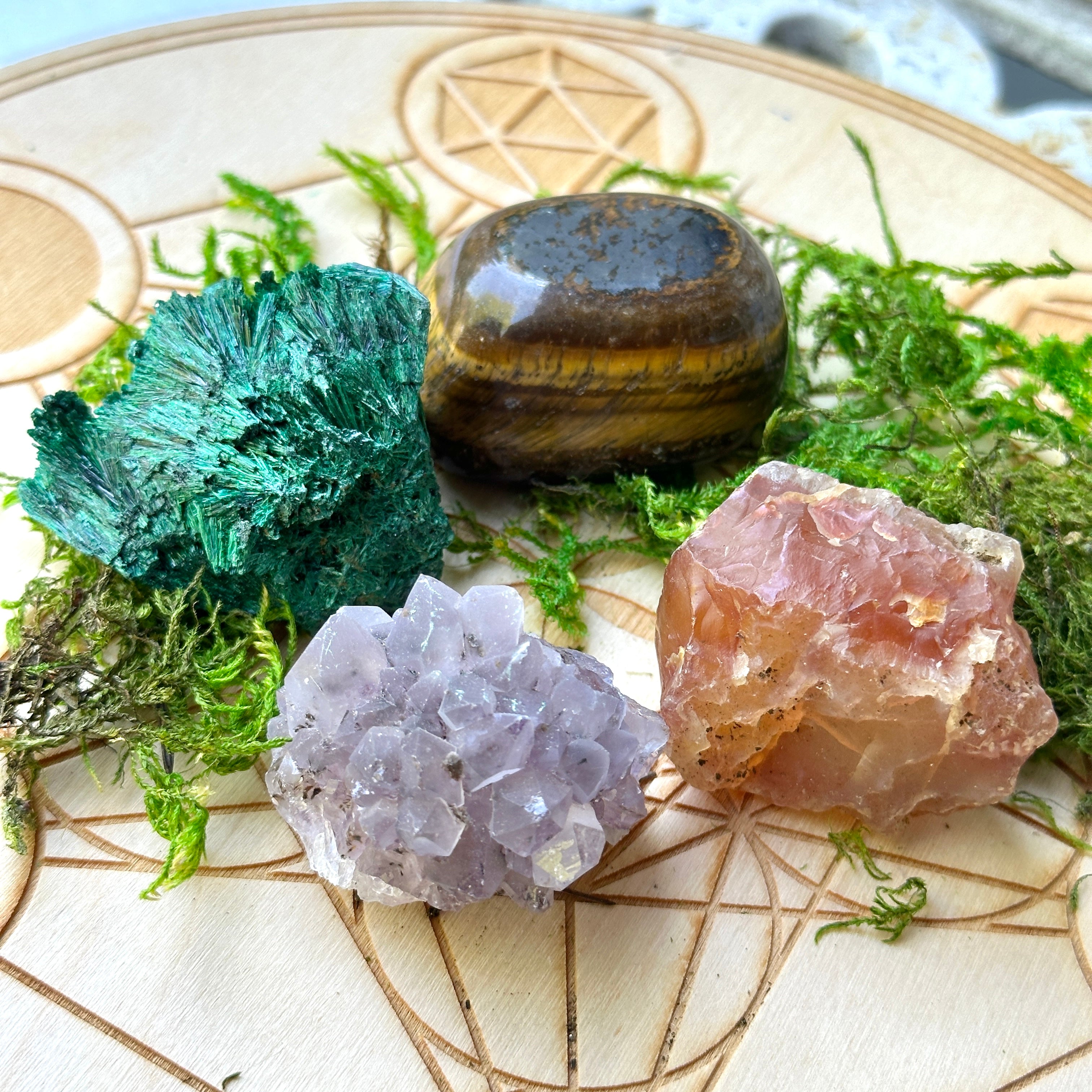 4 Piece Crystal Gemstone Set for Healing - Amethyst Flower, Raw Carnelian from Washington, USA, Tiger's Eye and Fan Malachite
