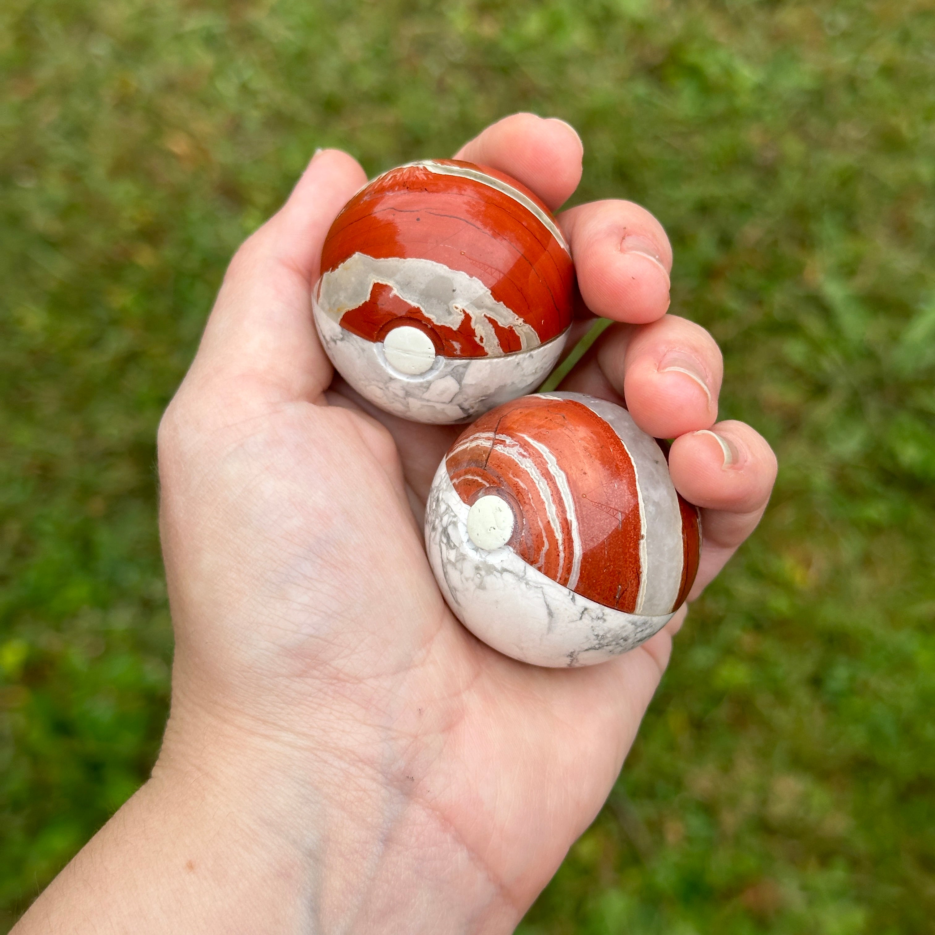 Anime Poke Sphere - Red Jasper and Howlite Sphere Carvings 45 mm - Pikachu Sphere Stand Included!