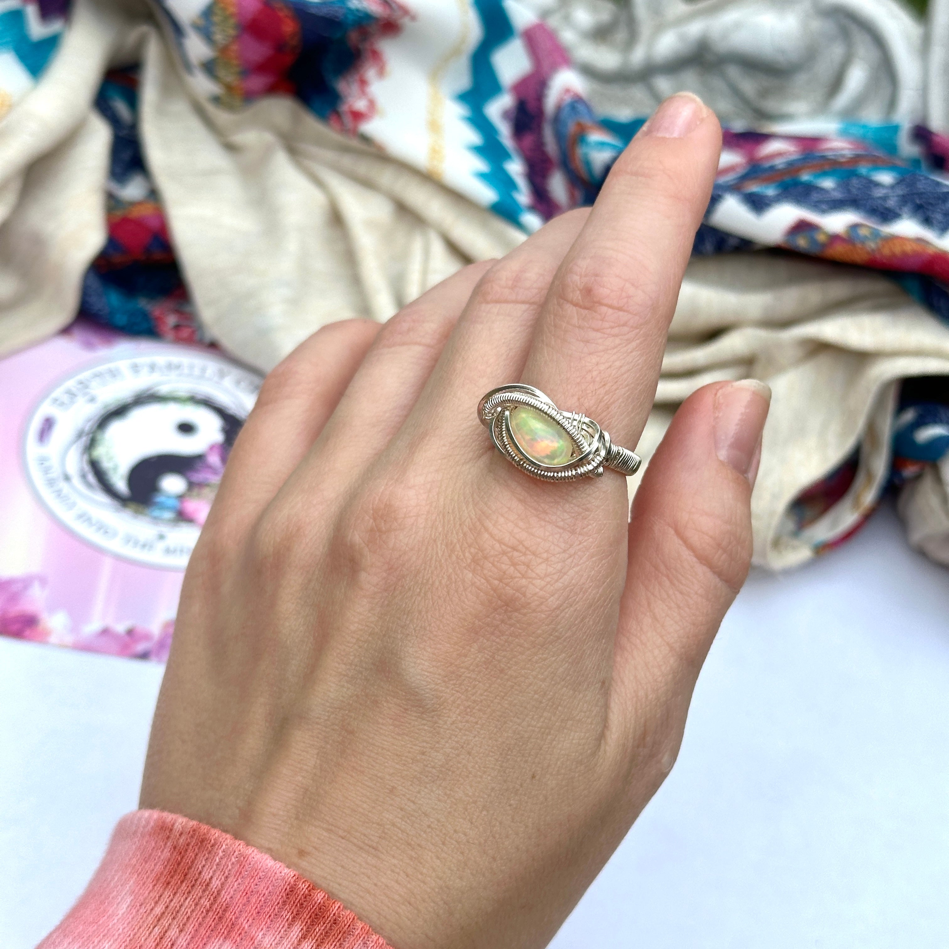 Genuine Ethiopian Opal Gemstone Ring in Silver Wire Wrapping ~ Size 5.75