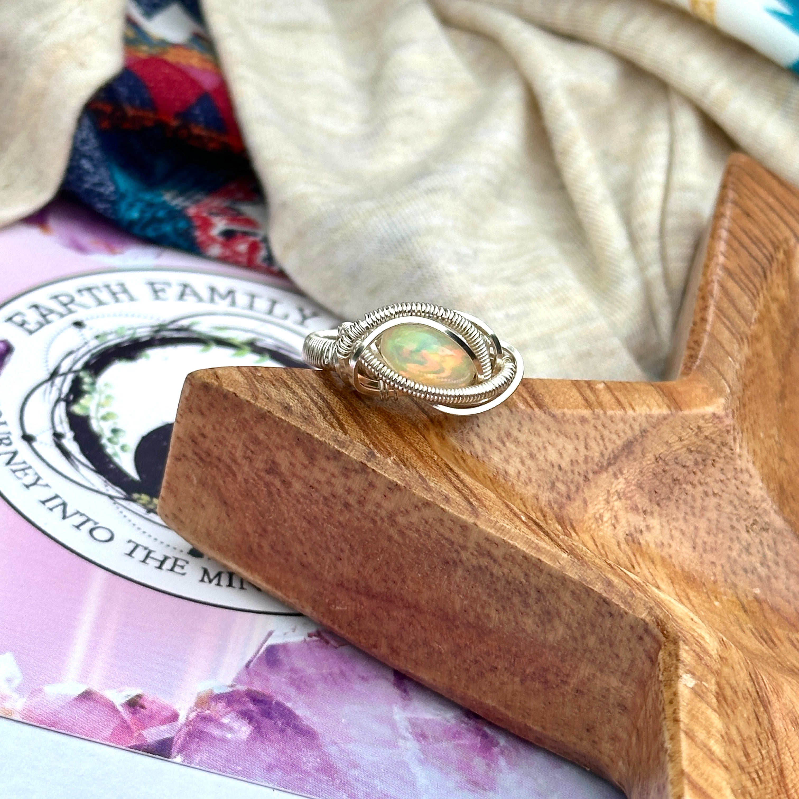 Genuine Ethiopian Opal Gemstone Ring in Silver Wire Wrapping ~ Size 5.75