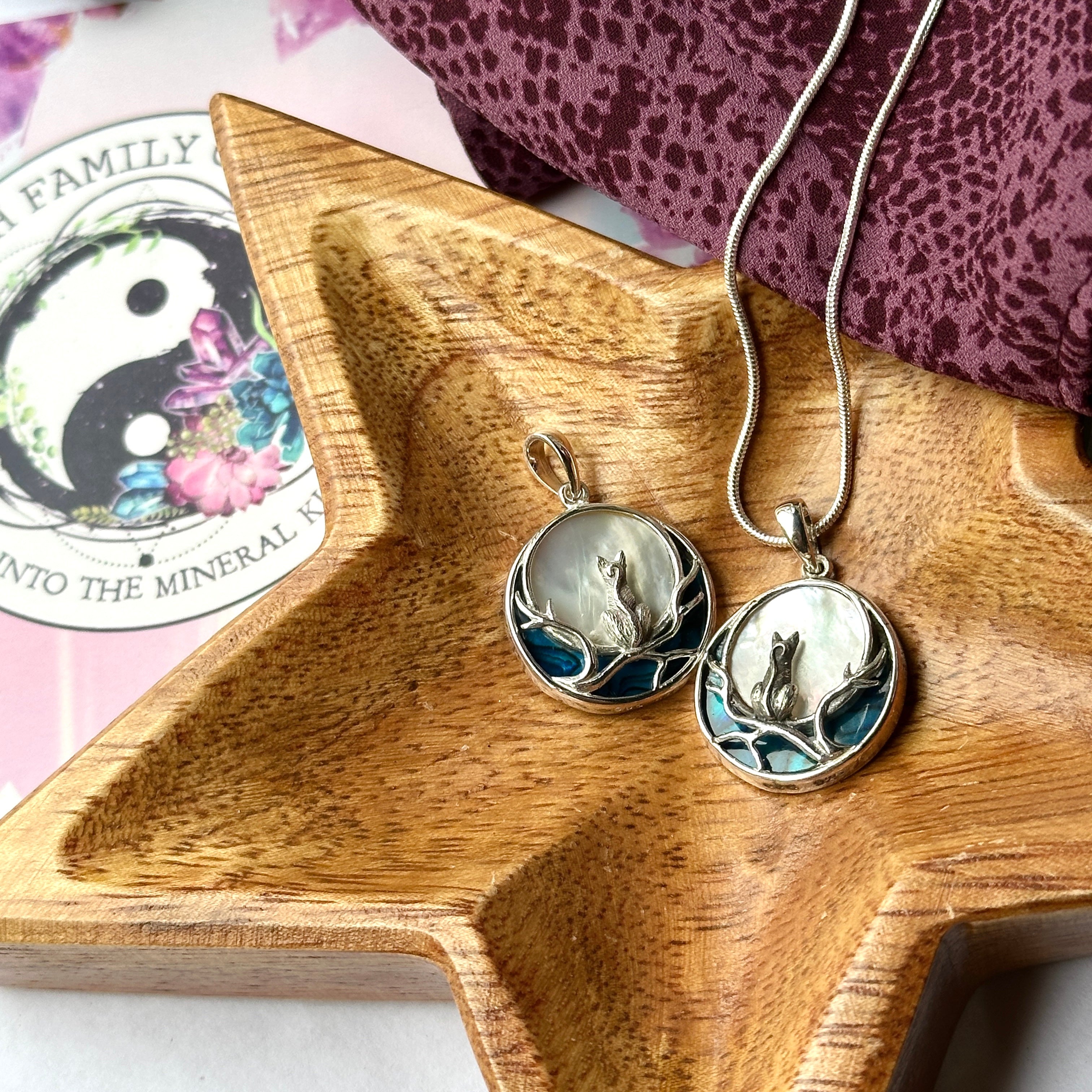 Cat and Moon Abalone Shell Pendants in Sterling Silver ~ Includes Silver Chain