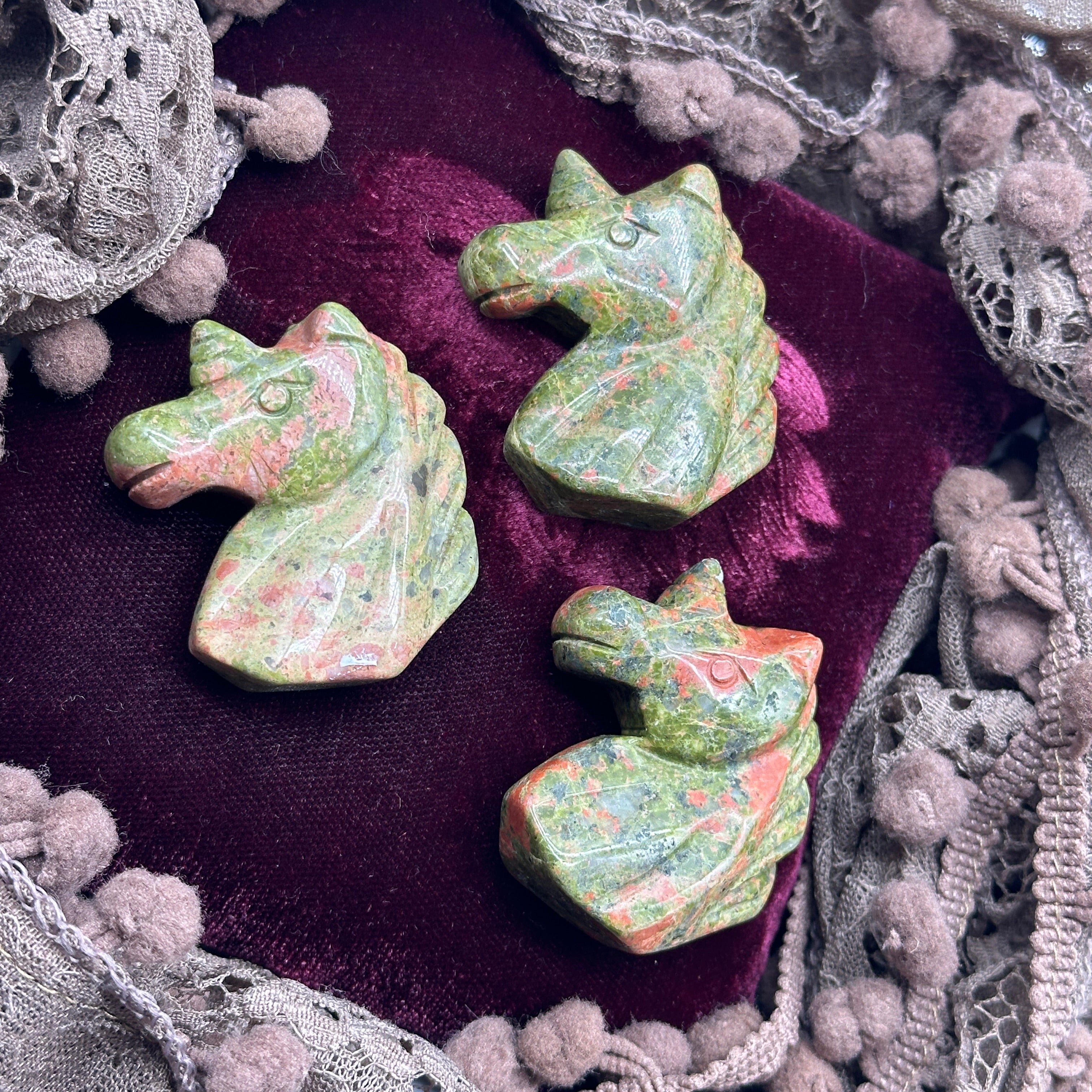 Uplifting Unakite Stone Unicorn Head Carvings