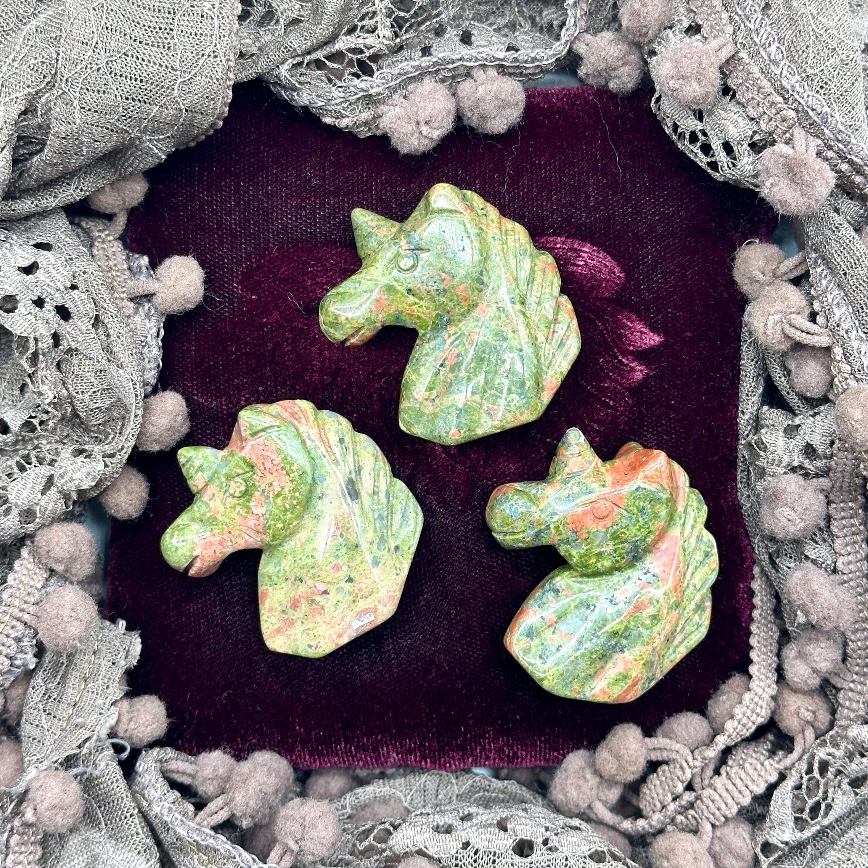 Uplifting Unakite Stone Unicorn Head Carvings