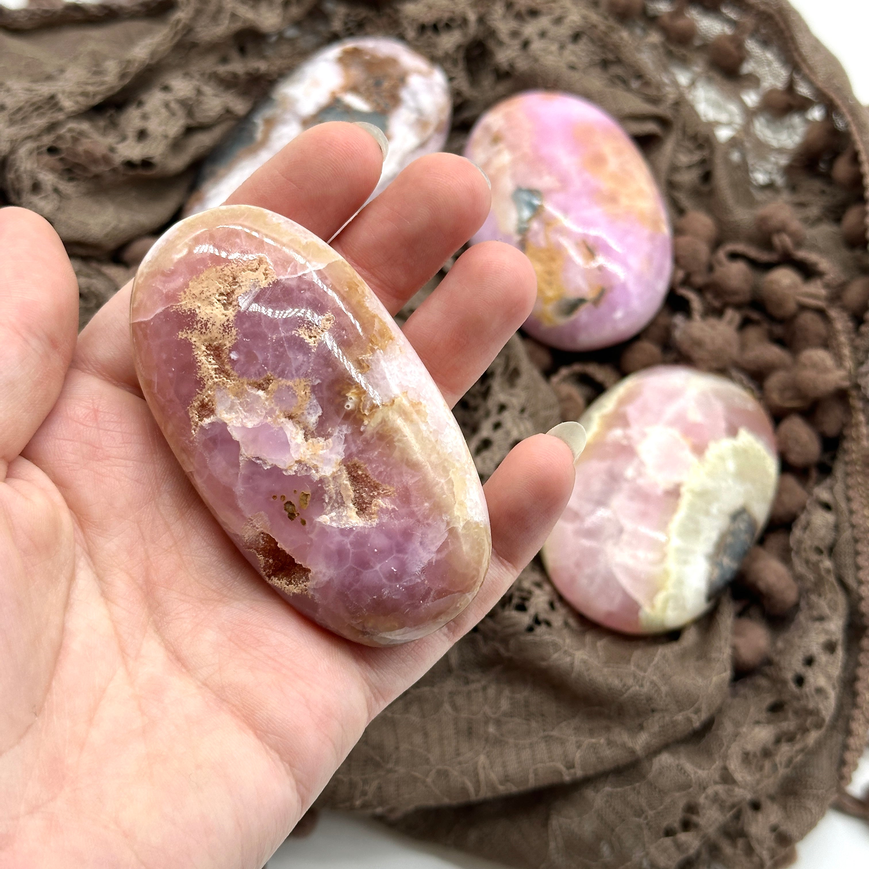 Pink Calcite Palm Stones ~ Pink Aragonite Soothing Crystal Stone Carvings