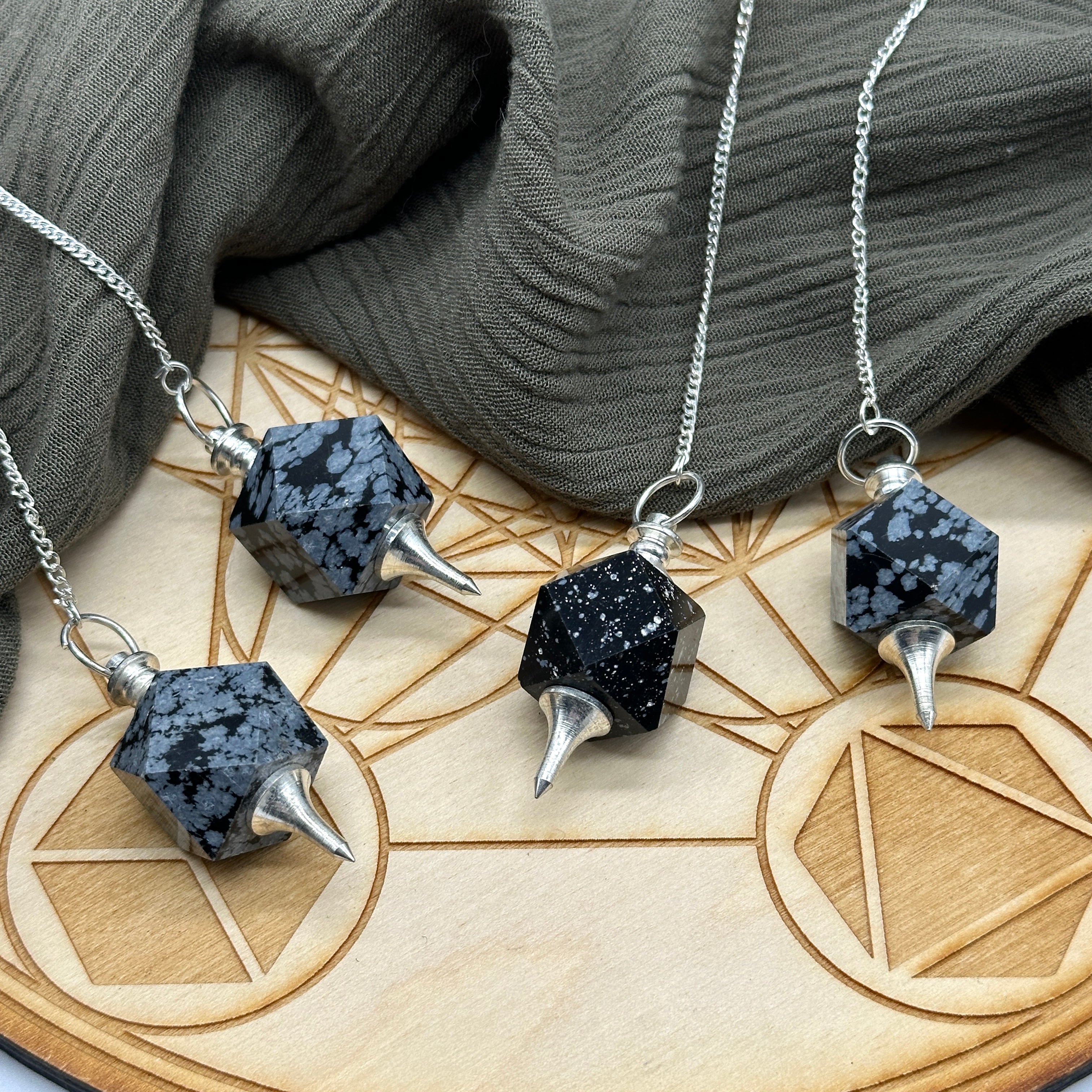 Snowflake Obsidian Crystal Geometric Carved Pendulum