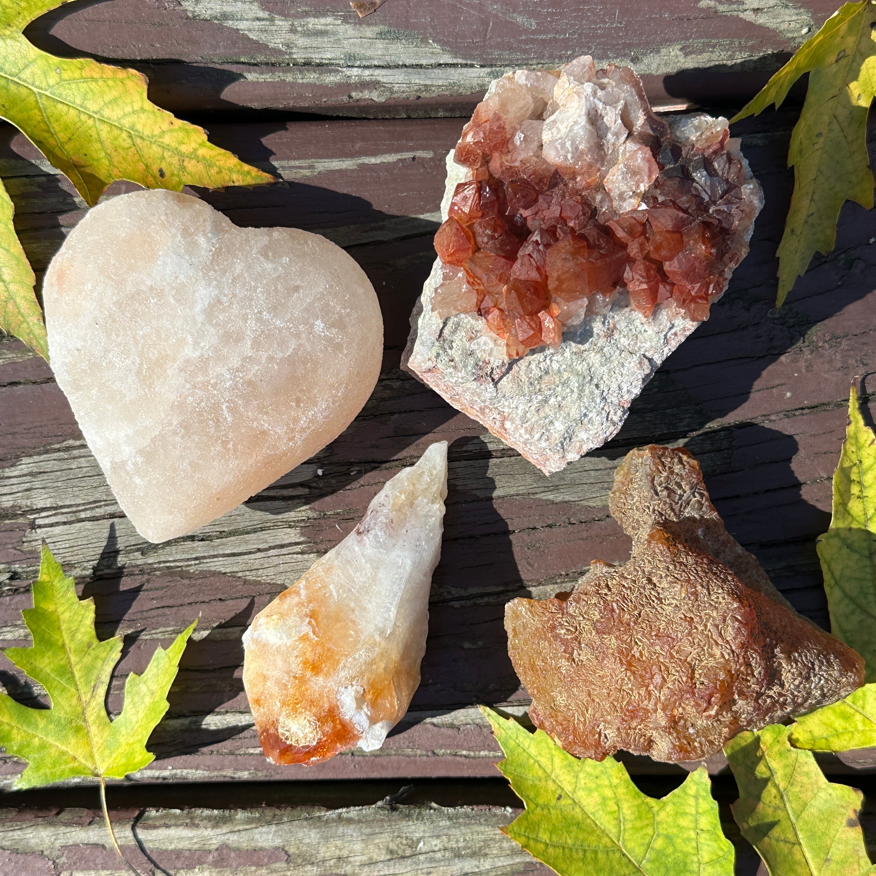 Kundali Set of 4 Lower Chakra Crystals ~ Red Fire Quartz Cluster, Orange Carnelian Hand Collected in Washington, USA, Yellow Citrine Crystal Point, & Himalayan Salt Crystal Heart Carving