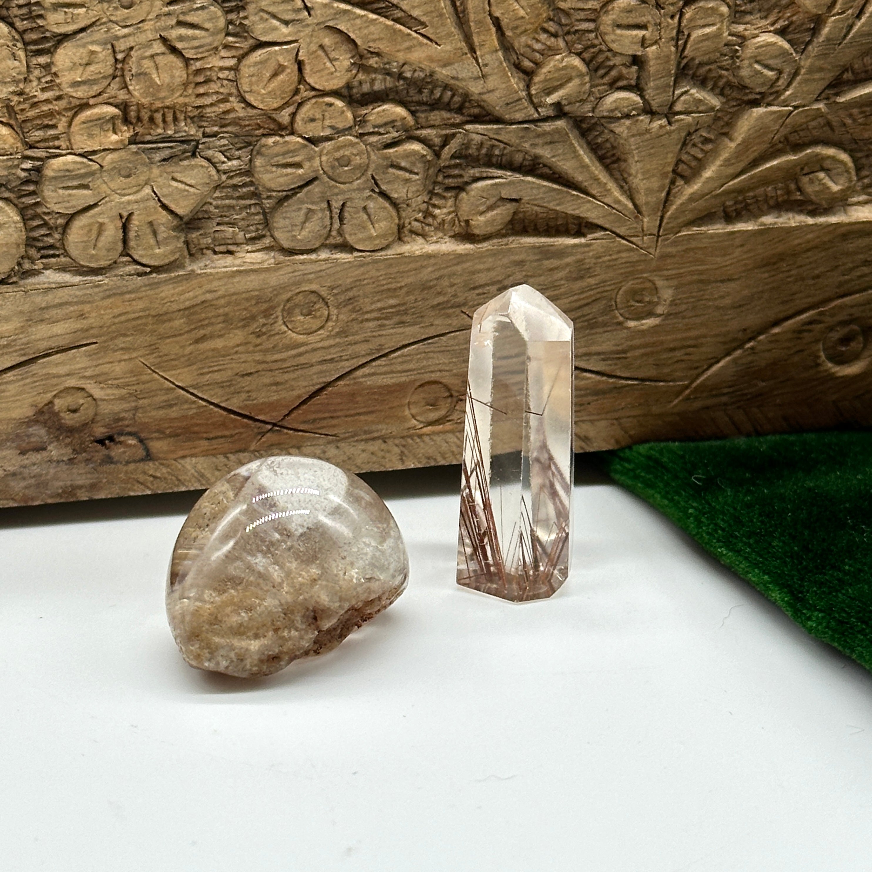 Crystal Set of Shamanic Seed Quartz Carving & Mini Grade A Rutile Quartz Tower Carving
