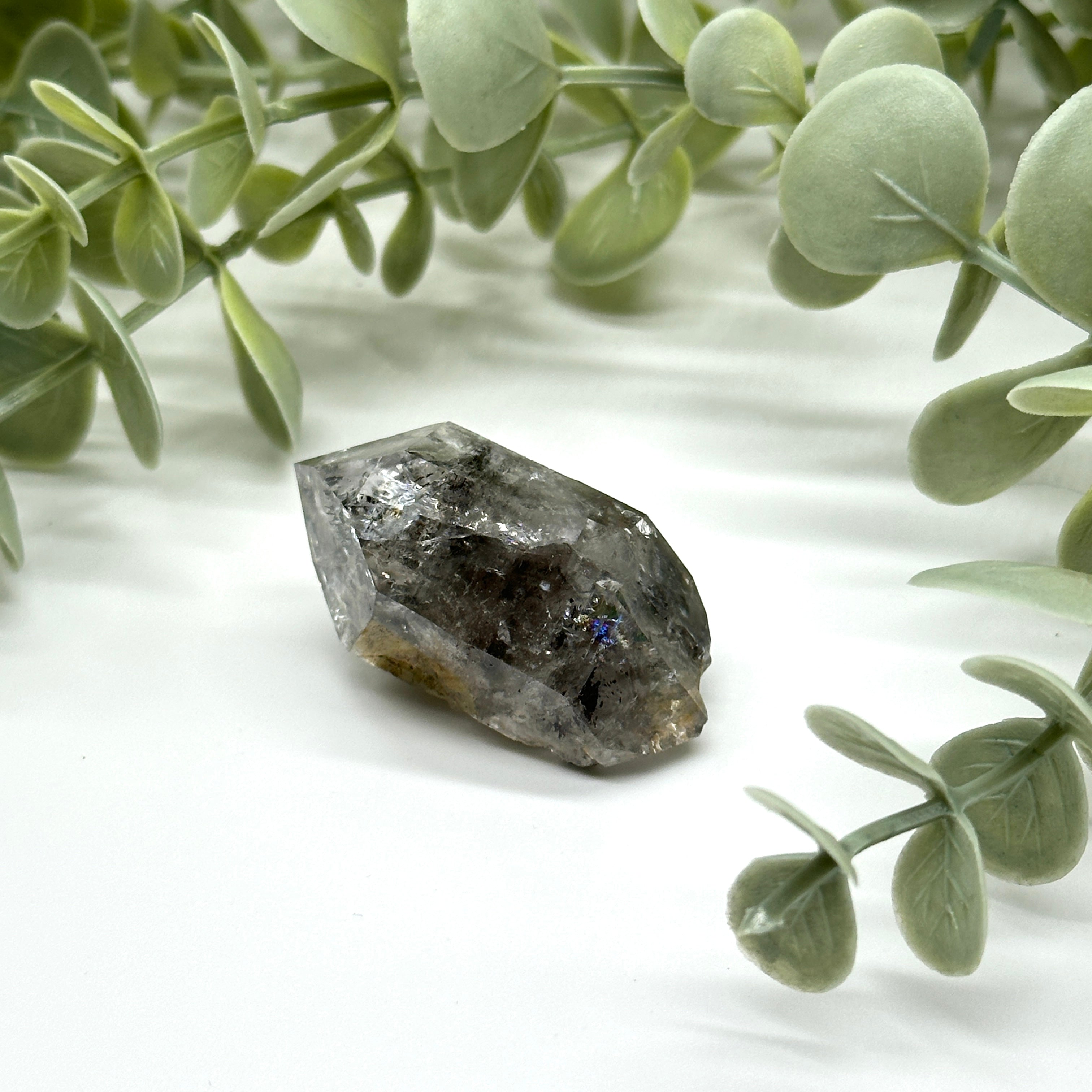 Double Terminated Herkimer Diamond Quartz Crystal with Rainbows and Smoky Inclusions and Crusting from New York