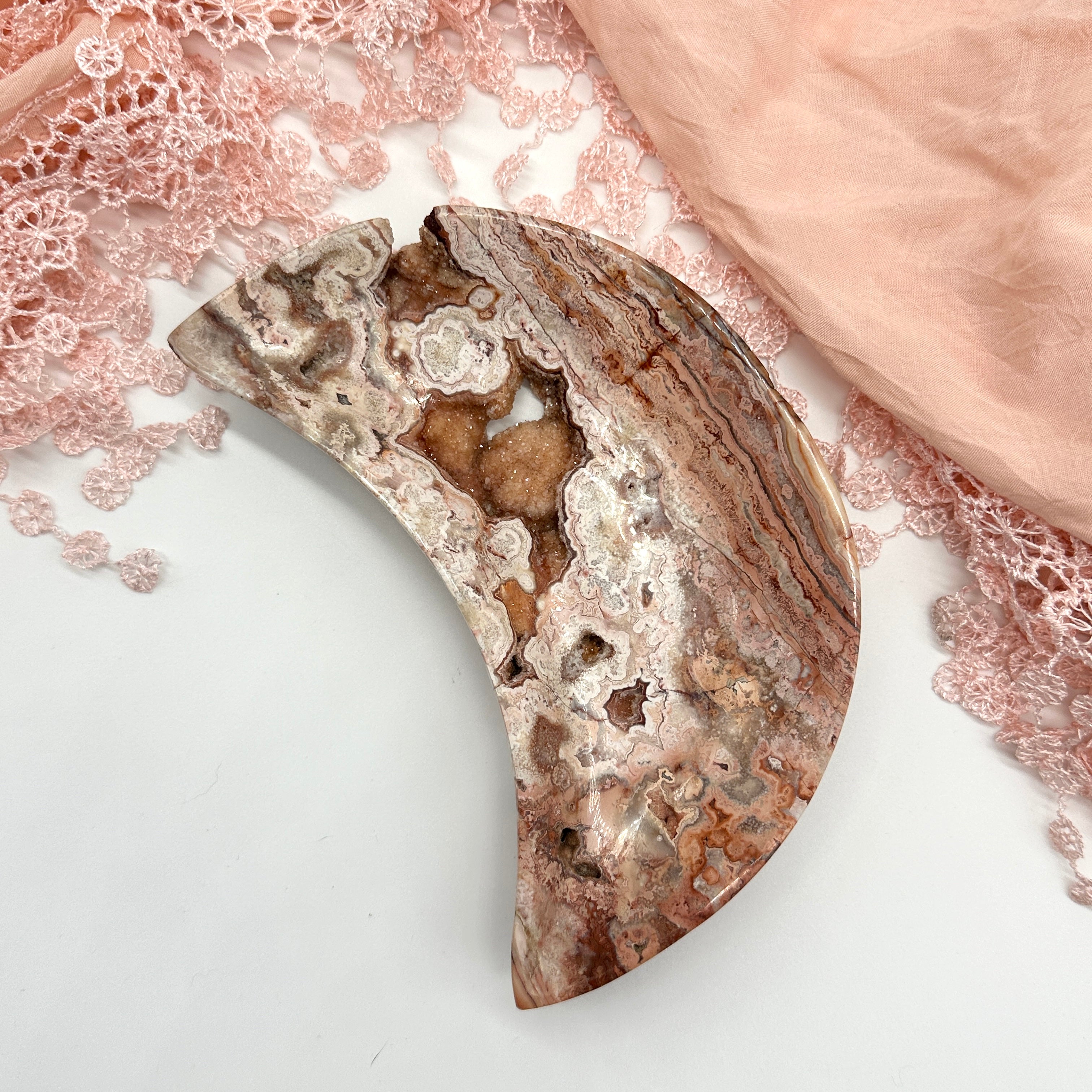 Pink Crazy Lace Agate Large Druzy Partially Polished Moon Bowl