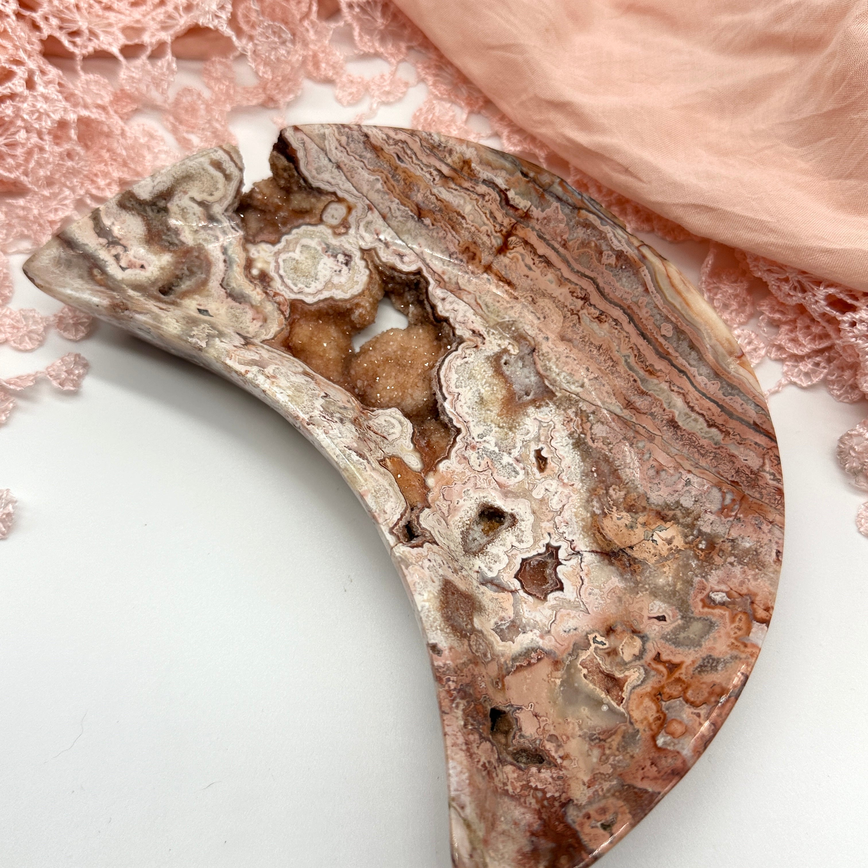 Pink Crazy Lace Agate Large Druzy Partially Polished Moon Bowl