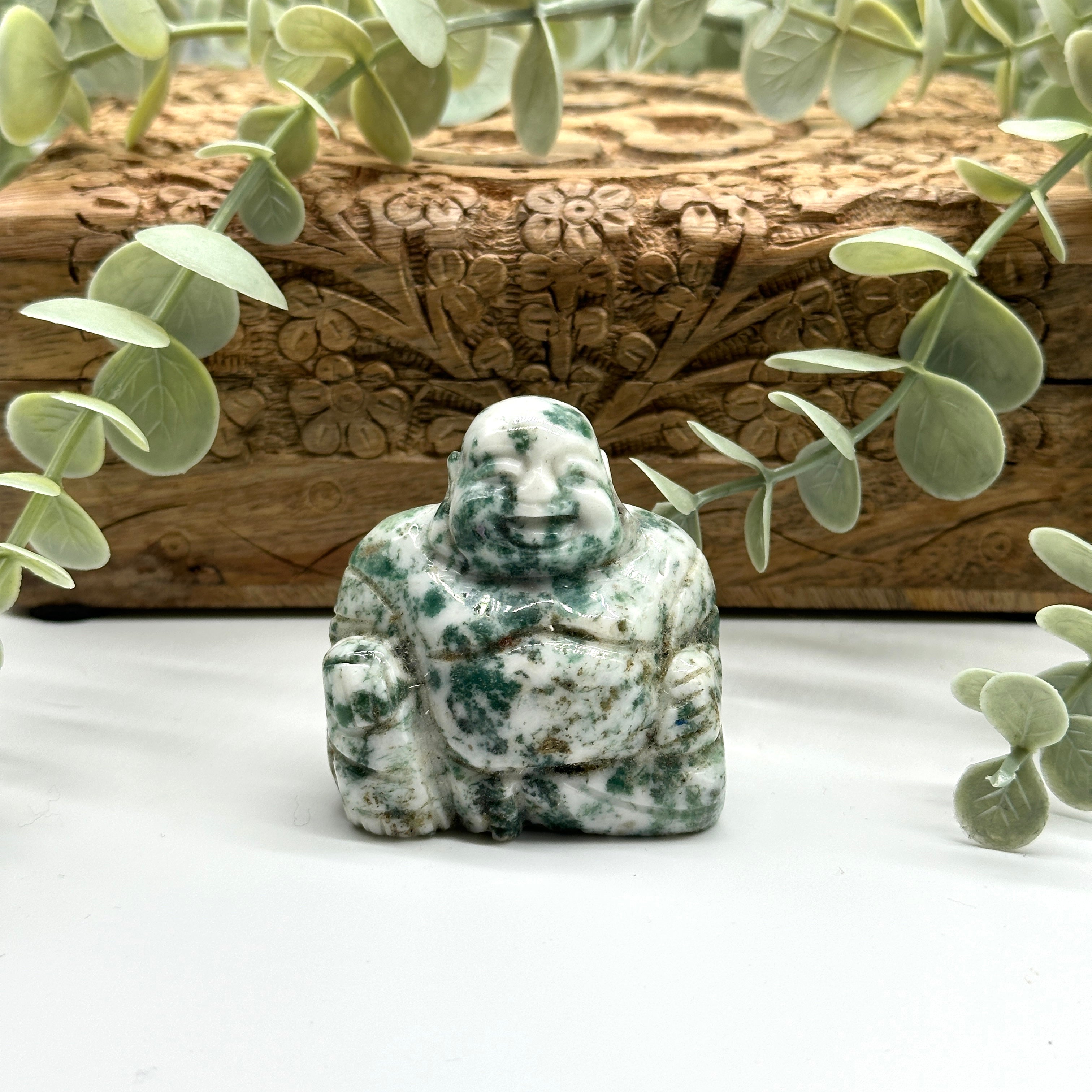 Laughing Buddha Moss Agate Standing Display Carving