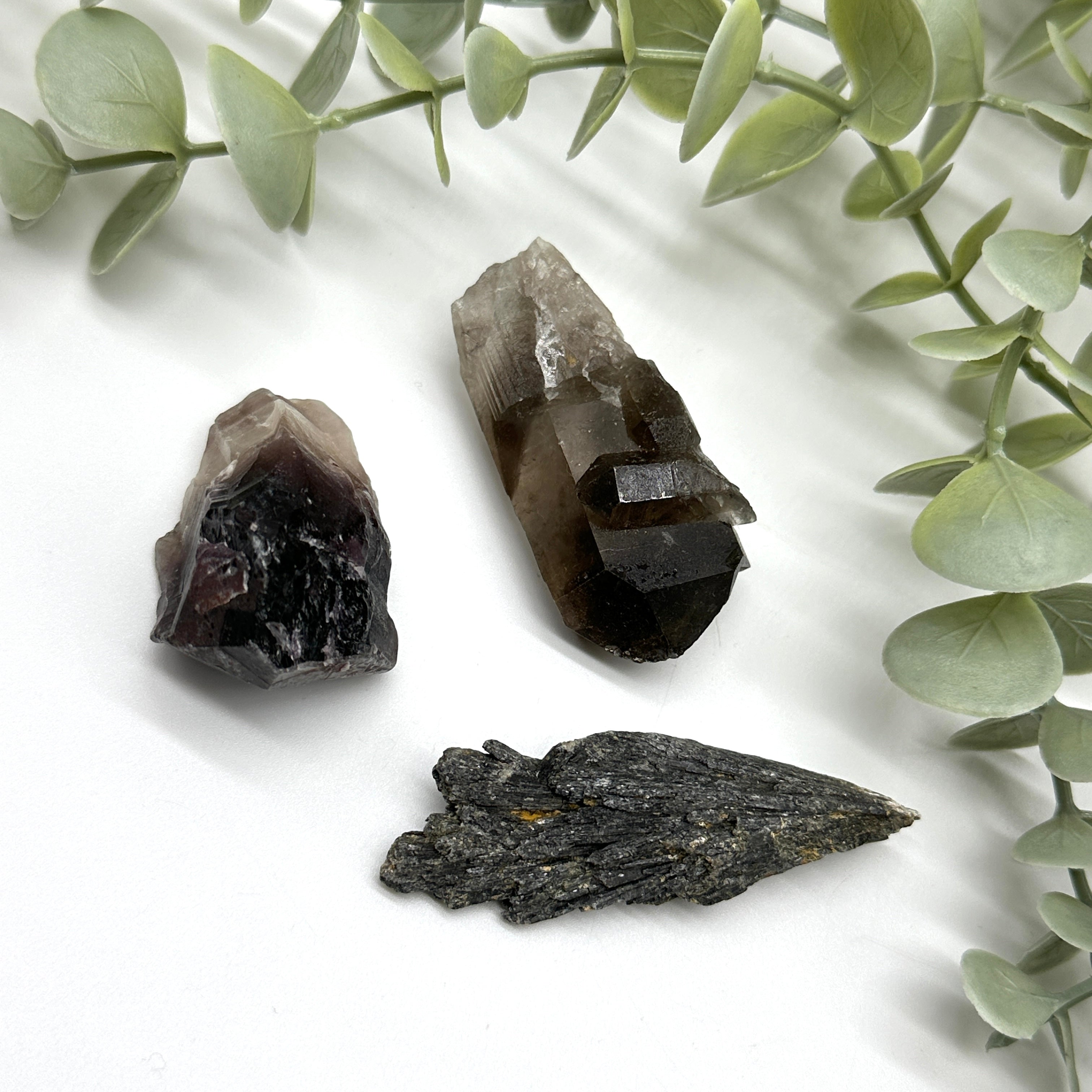 Get Grounded Gift Set - Smoky Quartz, Black Kyanite Crystal, and Smoky Amethyst Natural Point