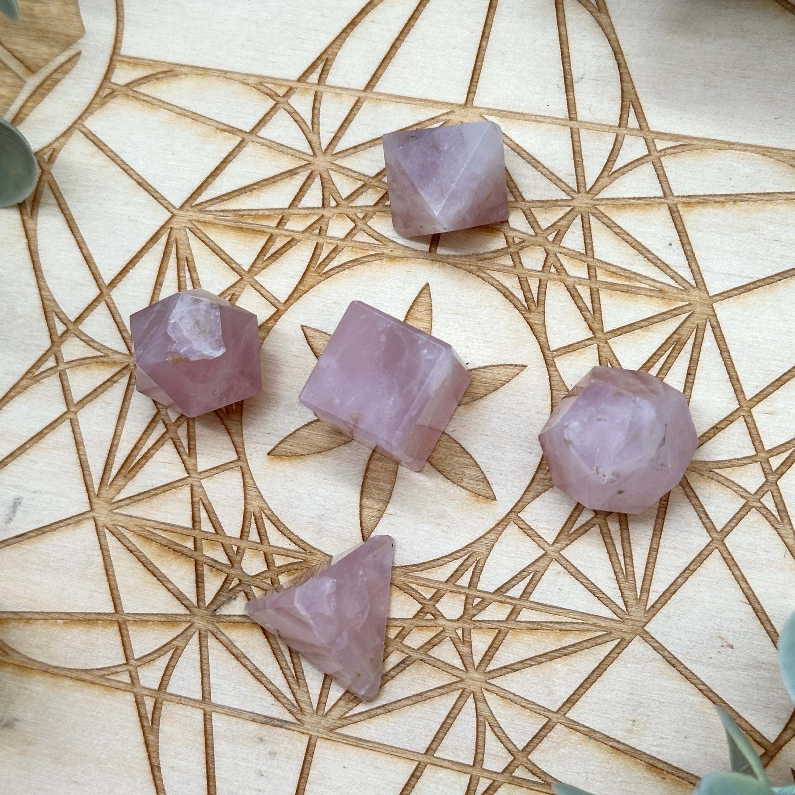 Rose Quartz Crystal Platonic Solids Geometric Carving Set for Crystal Grids