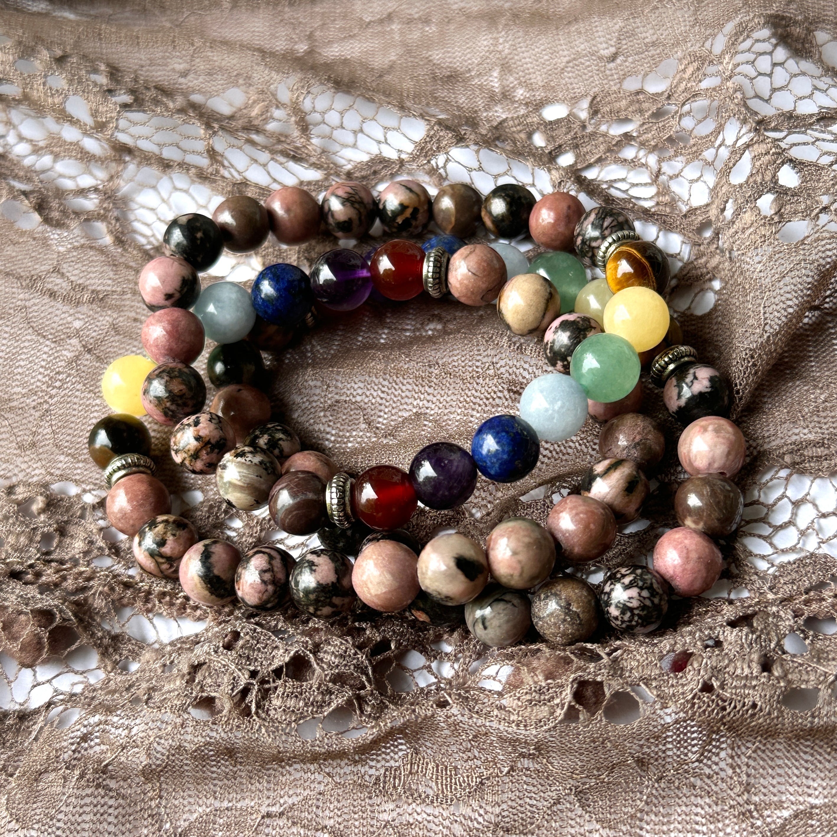 Rhodonite and Chakras Beaded Gemstone Bracelets