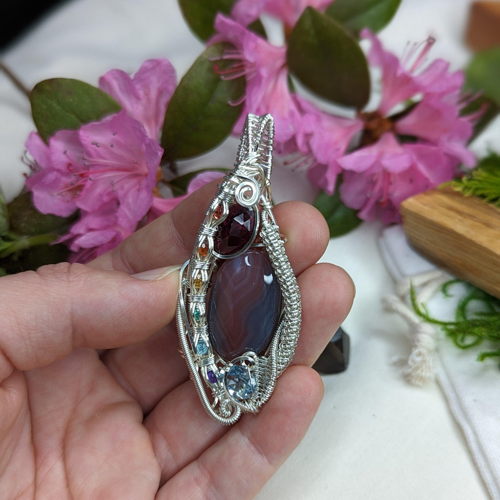 Botswana Agate Pendant with Garnet, Blue Topaz with a Rainbow Channel Setting ~ Wire Wrapped~ Includes Silver Chain - Earth Family Crystals