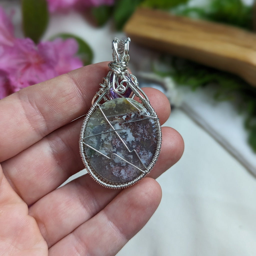 Scenic Moss Agate Pendant~ Wire Wrapped with Amethyst~ Includes Silver Chain - Earth Family Crystals