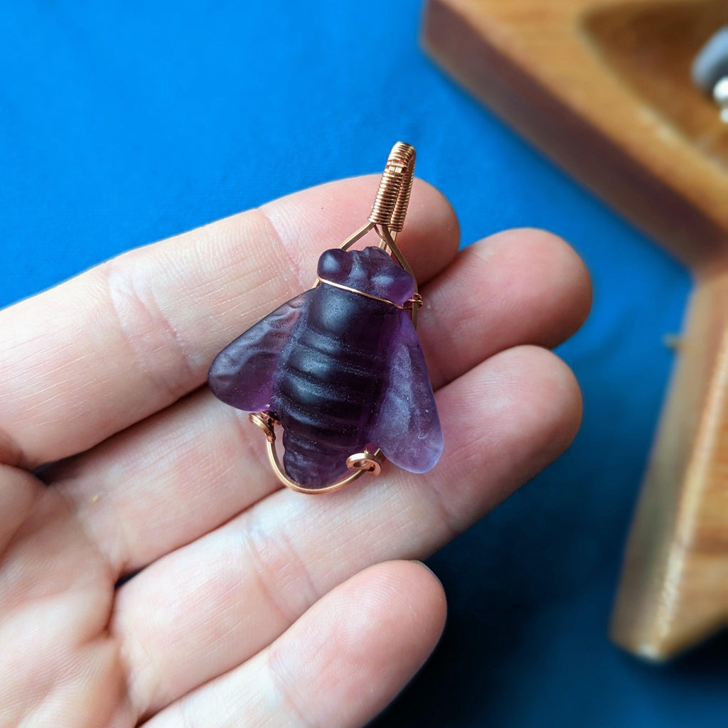 Copper Wire Wrapped Amethyst Bee Pendant~ Includes Necklace Cord - Earth Family Crystals