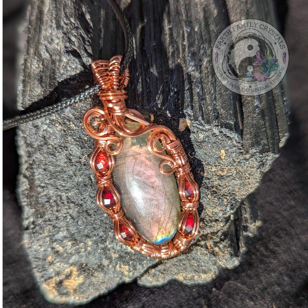 Flashy Labradorite with Garnets~  Copper Wrapped Handcrafted Design - Earth Family Crystals