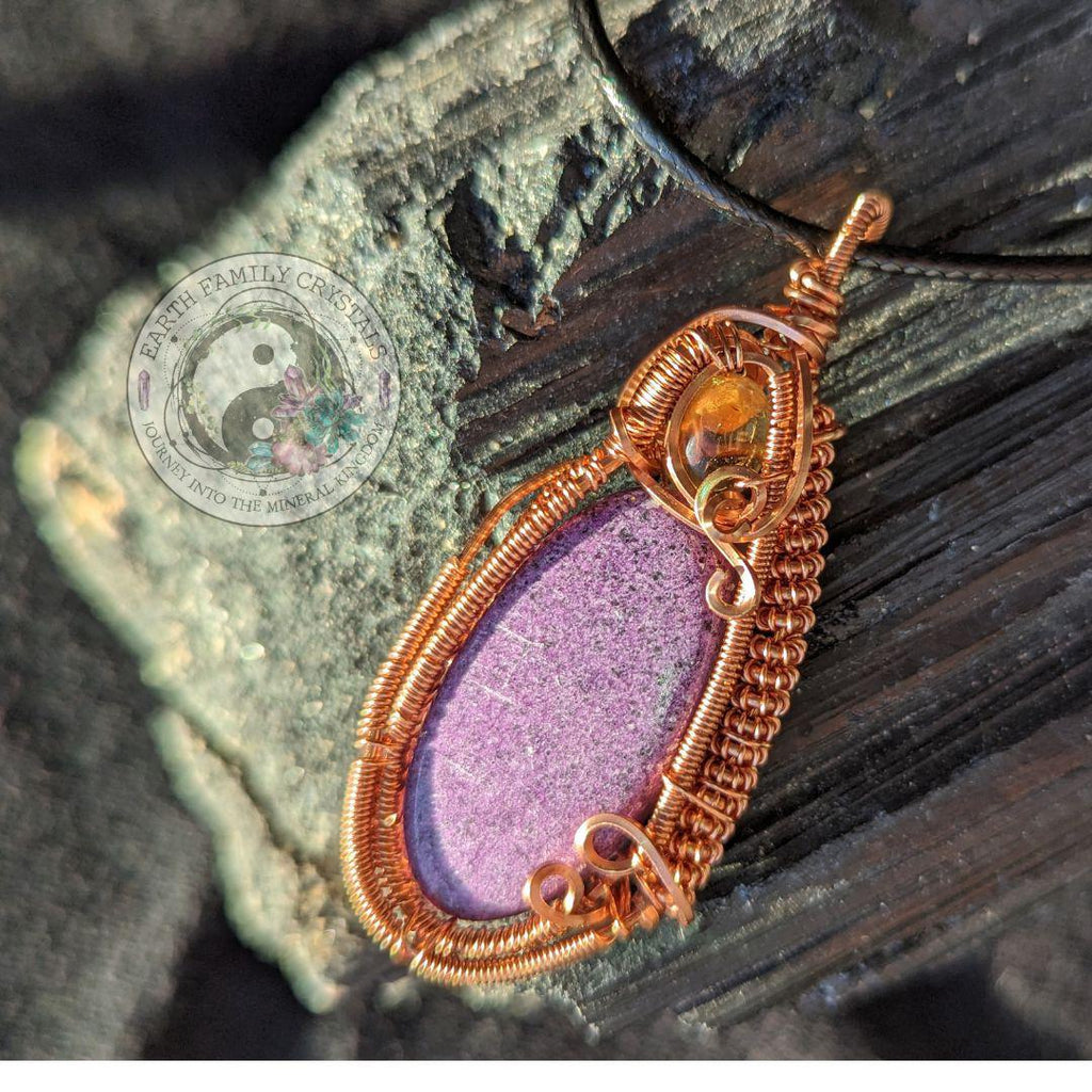 Charoite and Citrine Wire Wrapped Pendant ~ Conductive Copper ~ Handcrafted in the USA ~ Crystal Jewelry - Earth Family Crystals