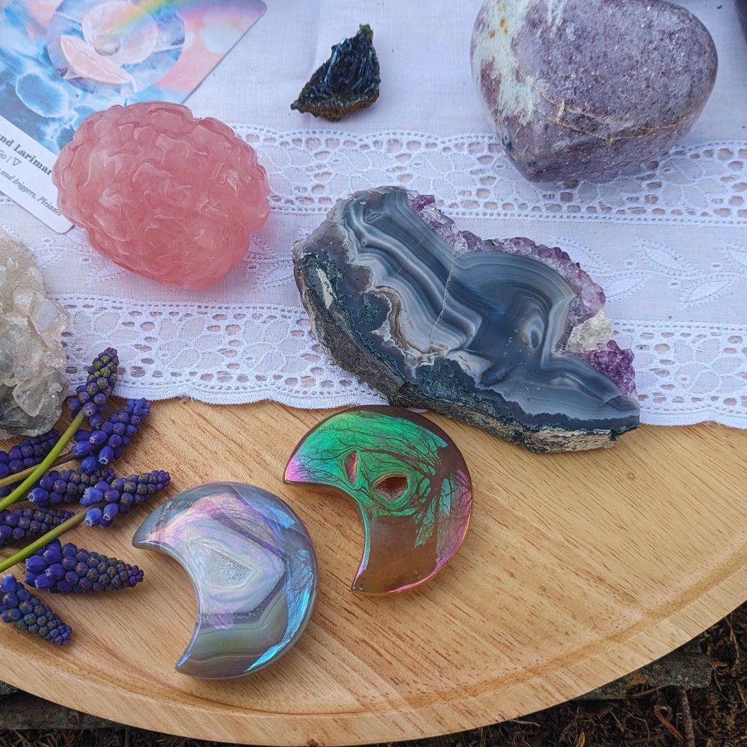 Angel Aura Druzy Agate Crescent Moon Carvings~ Adorable, Uplifting Palm Size Crystal Carvings - Earth Family Crystals